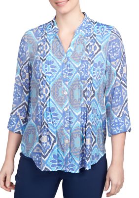 Women's Woodblock Diamond Print Button Front Top