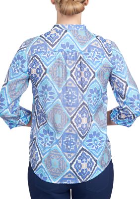 Women's Woodblock Diamond Print Button Front Top