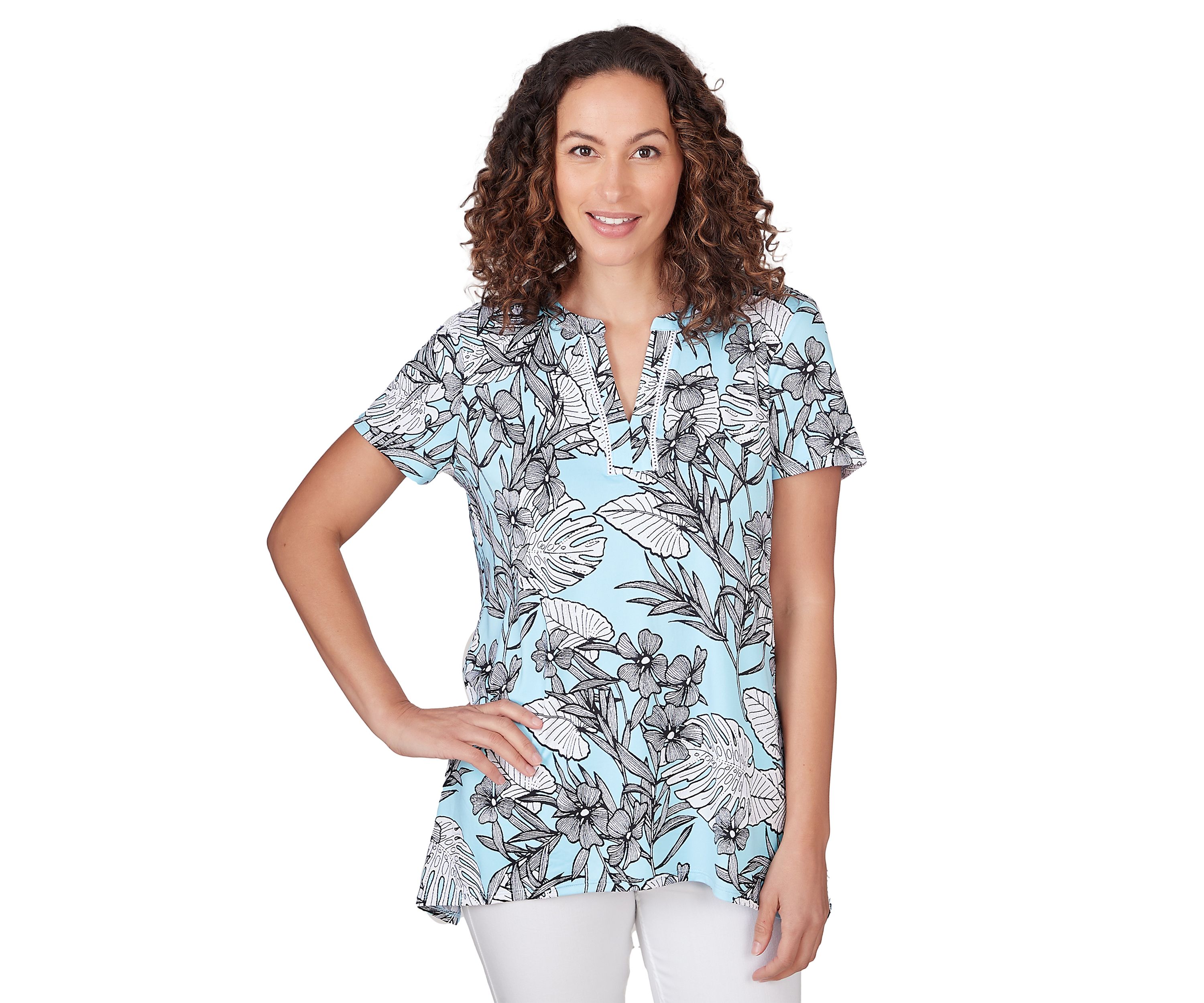 Womens Tropical Print Puff Top