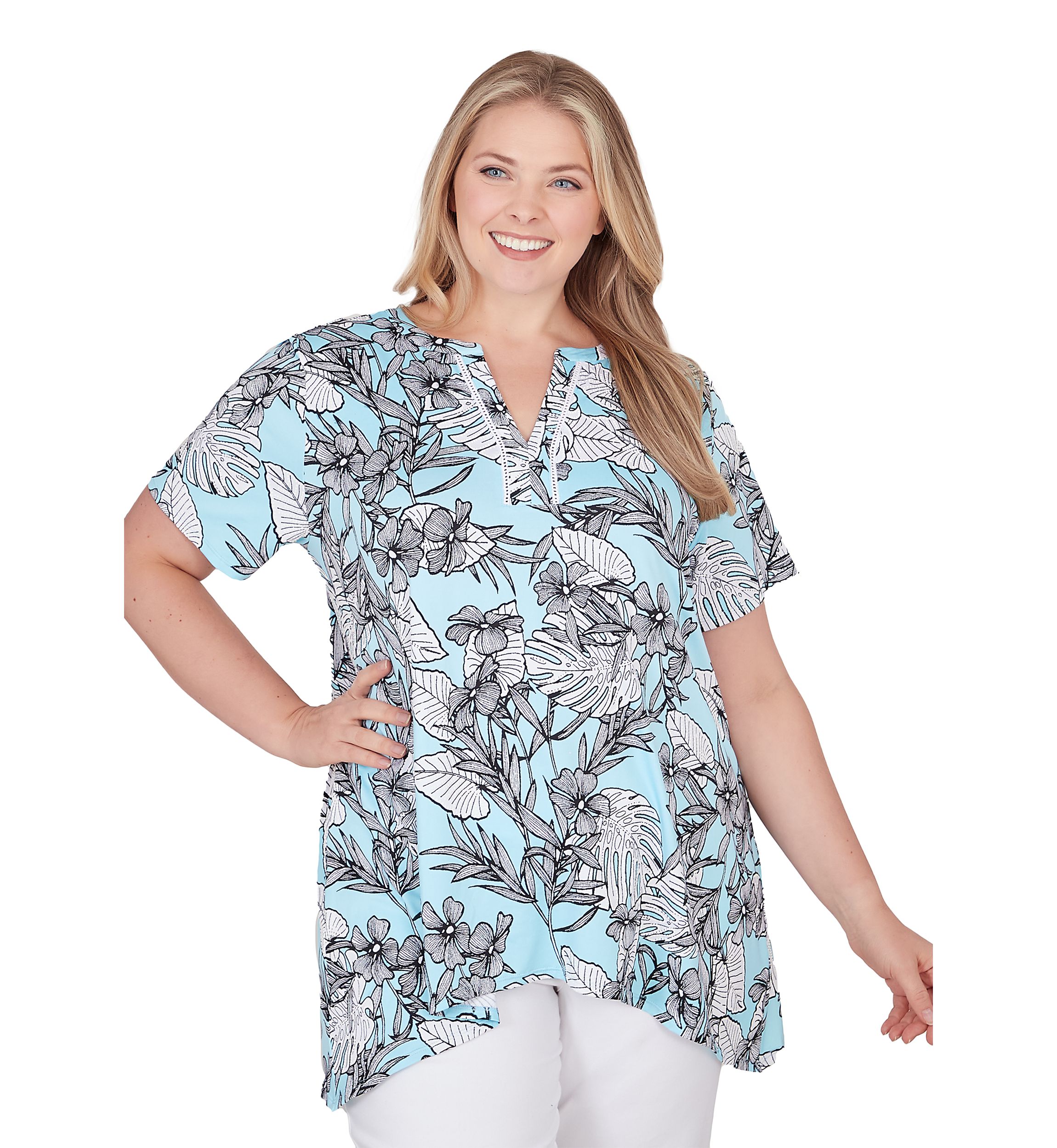 Plus Size Tropical Print Puff Top