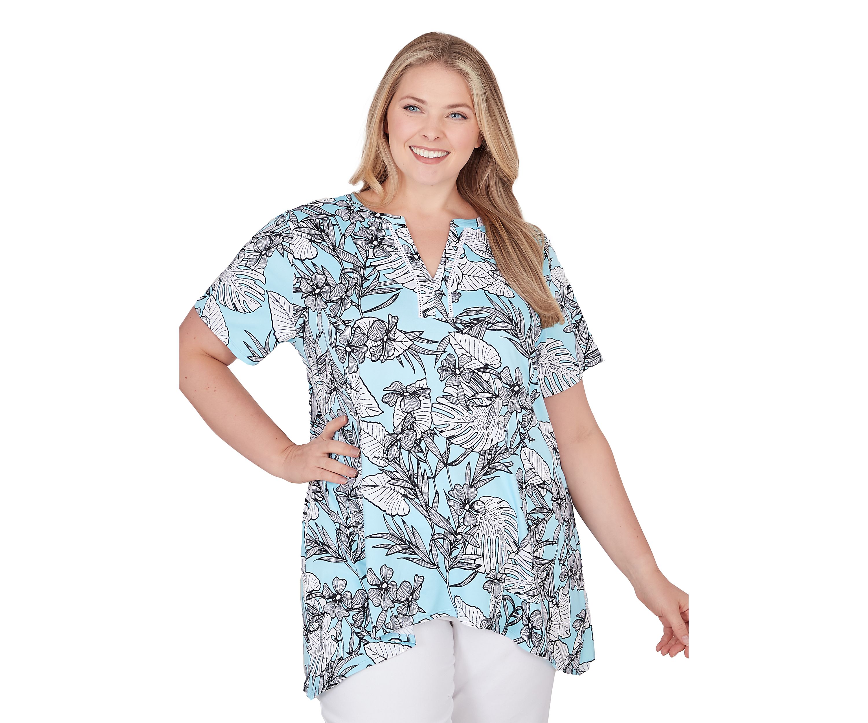 Plus Size Tropical Print Puff Top