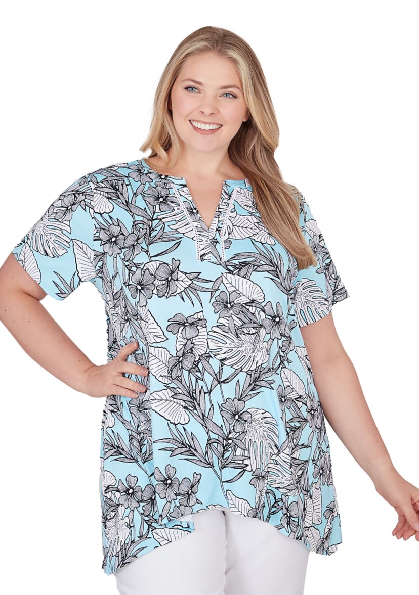 Plus Size Tropical Print Puff Top
