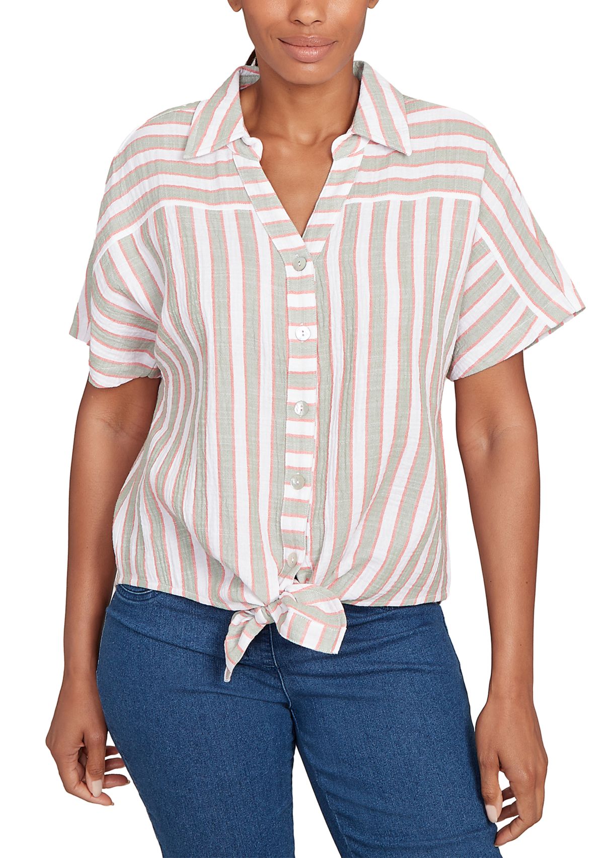 Womens Crinkle Stripe Tie-Front Button Down T-Shirt 