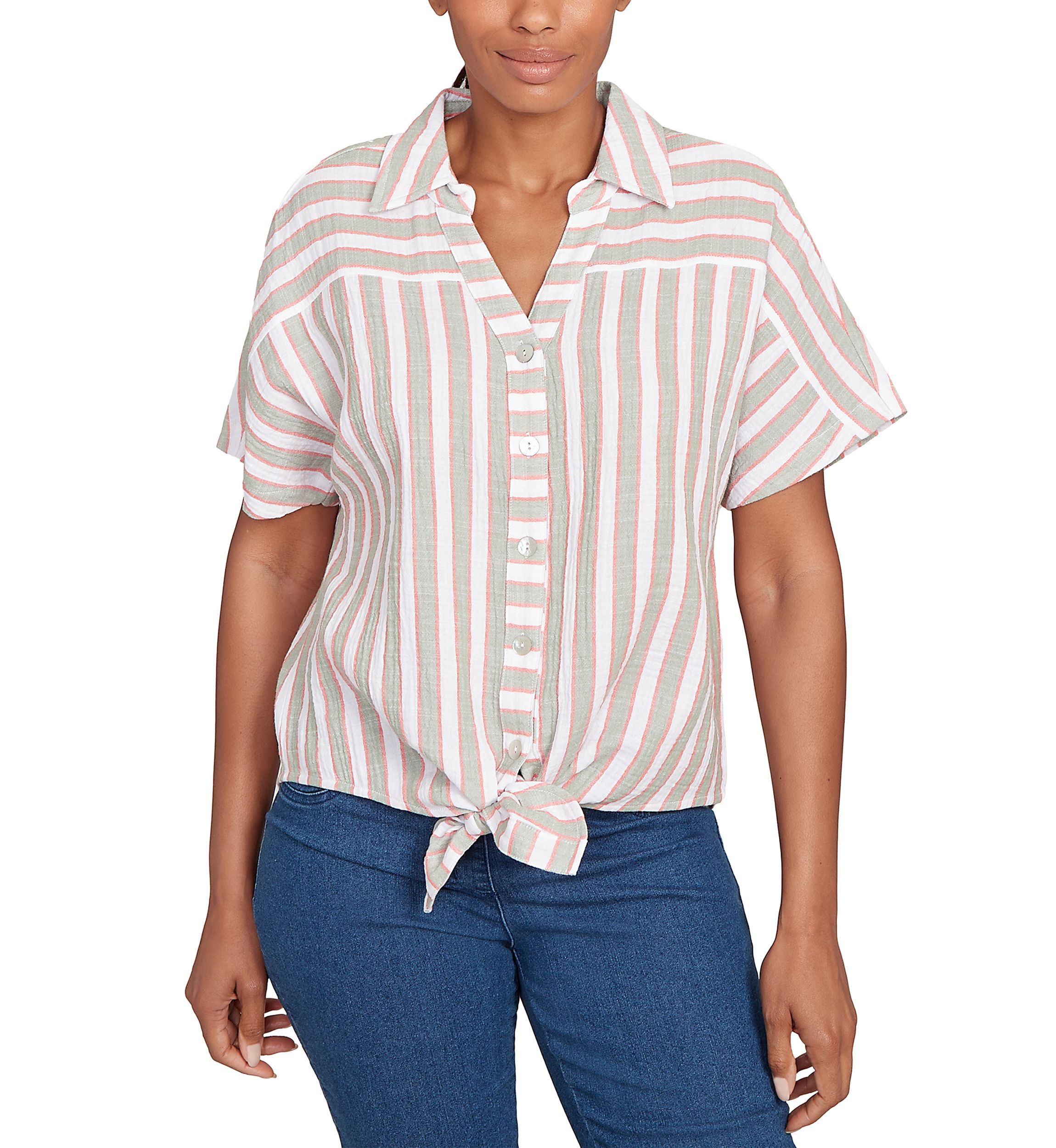 Womens Crinkle Stripe Tie-Front Button Down T-Shirt 