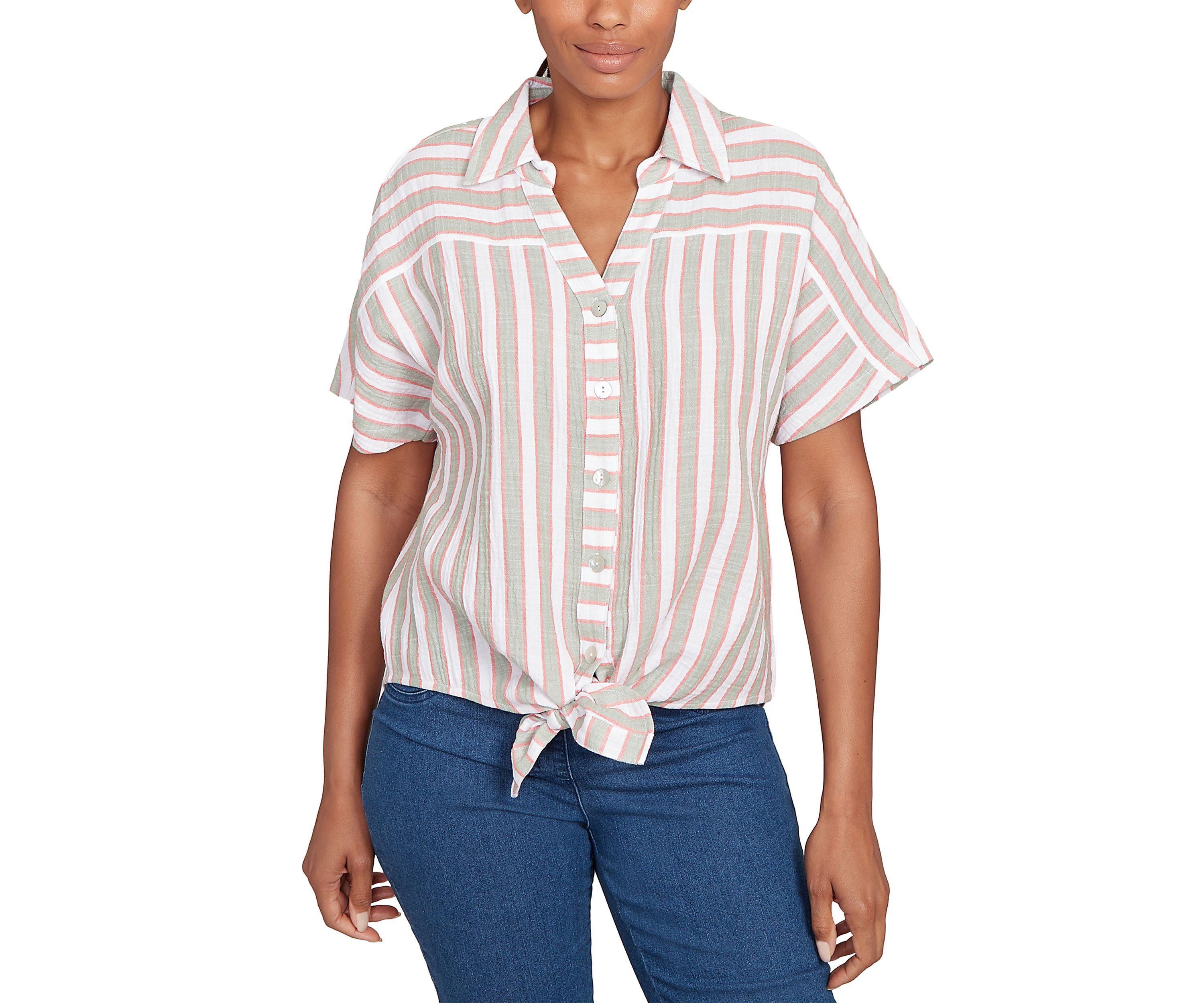 Womens Crinkle Stripe Tie-Front Button Down T-Shirt 