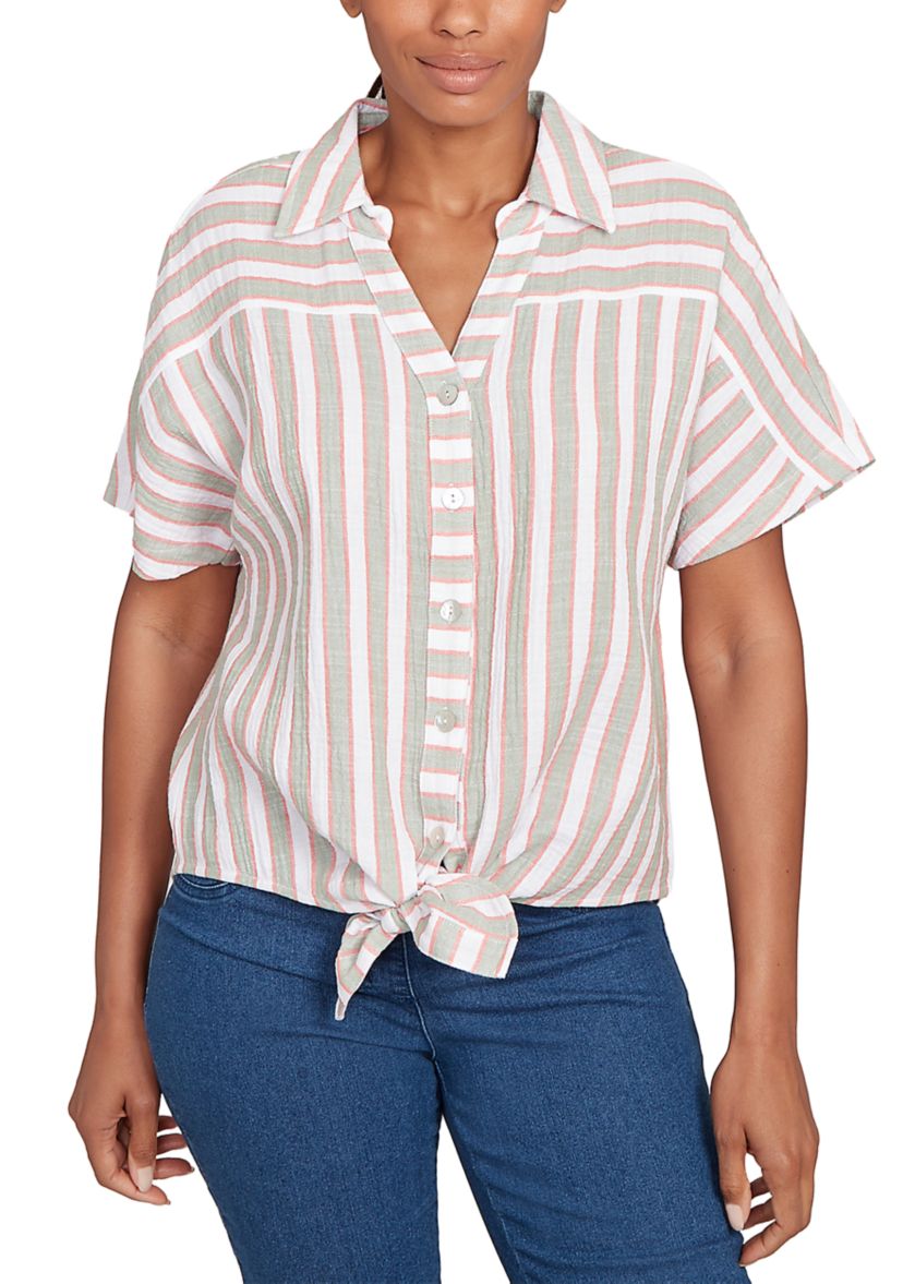 Womens Crinkle Stripe Tie-Front Button Down T-Shirt 
