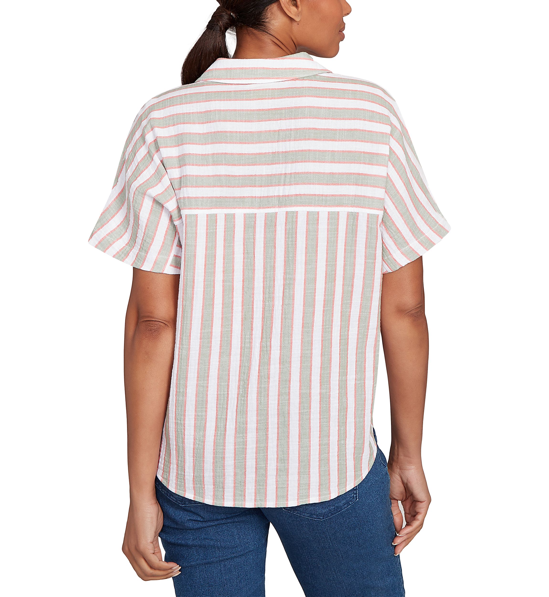 Womens Crinkle Stripe Tie-Front Button Down T-Shirt 