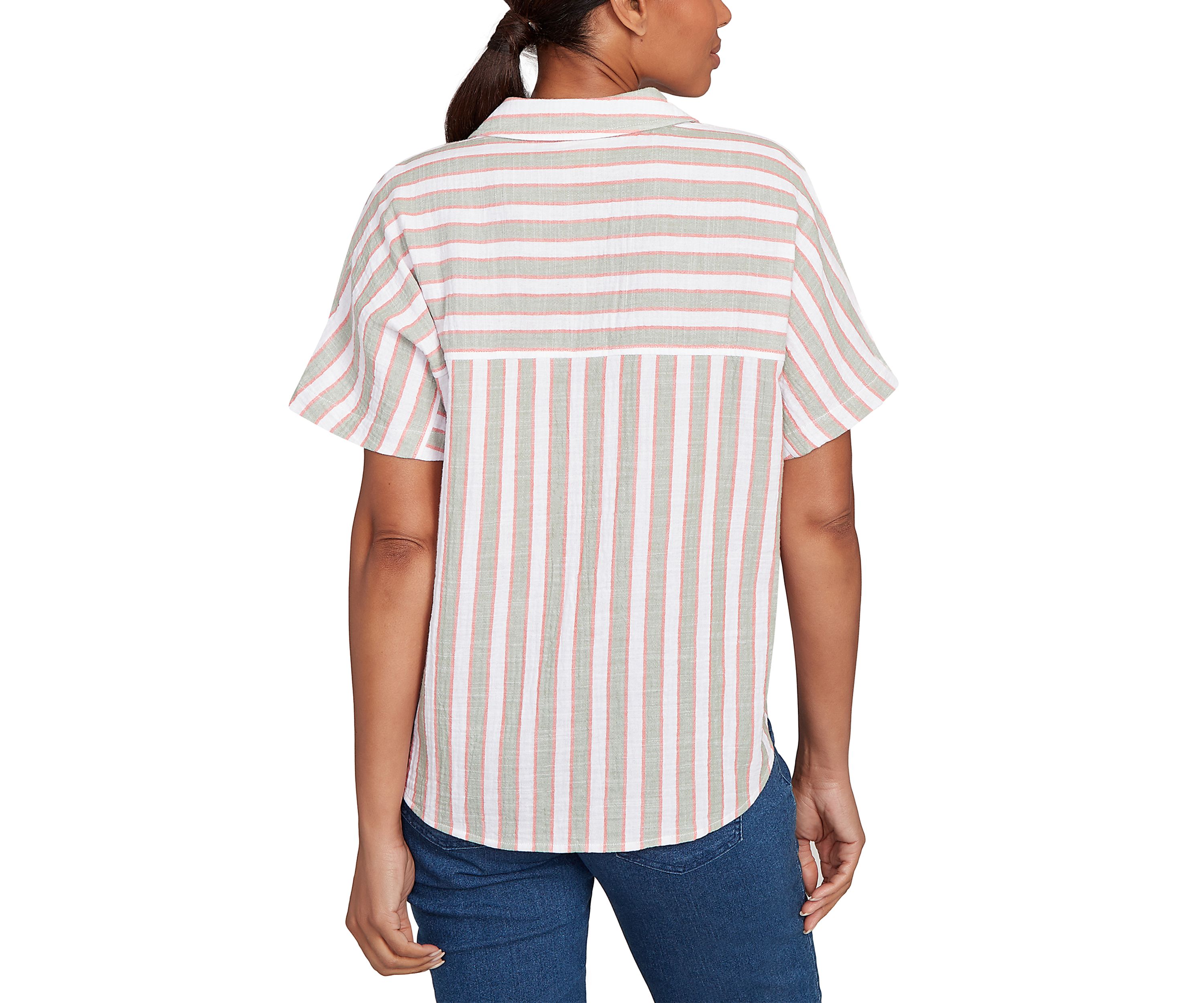Womens Crinkle Stripe Tie-Front Button Down T-Shirt 