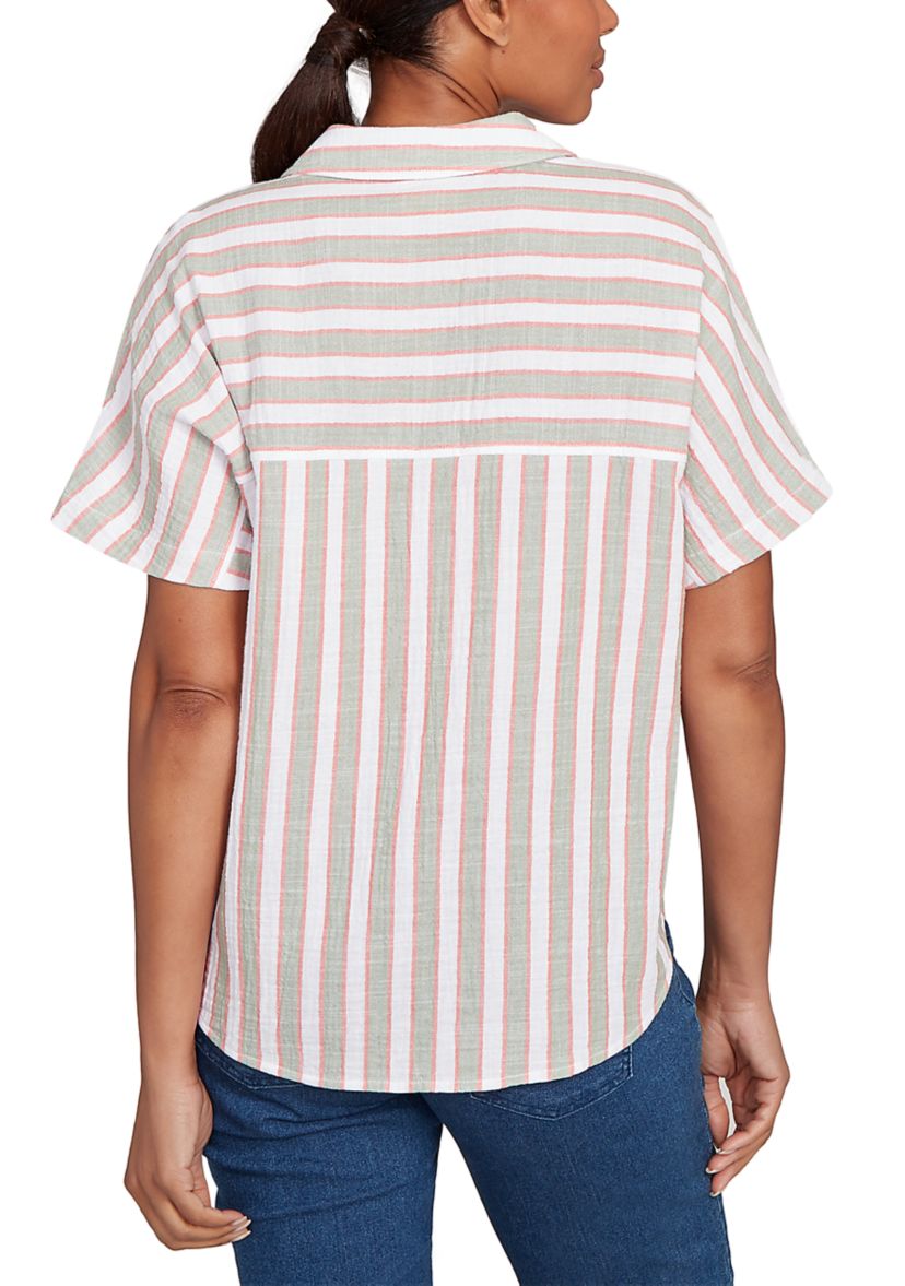 Womens Crinkle Stripe Tie-Front Button Down T-Shirt 