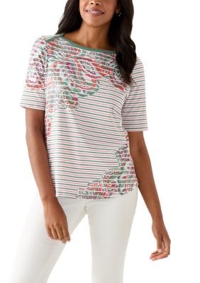 Ruby Rd Women's Paisley Stripe Elbow Sleeve Top, Medium