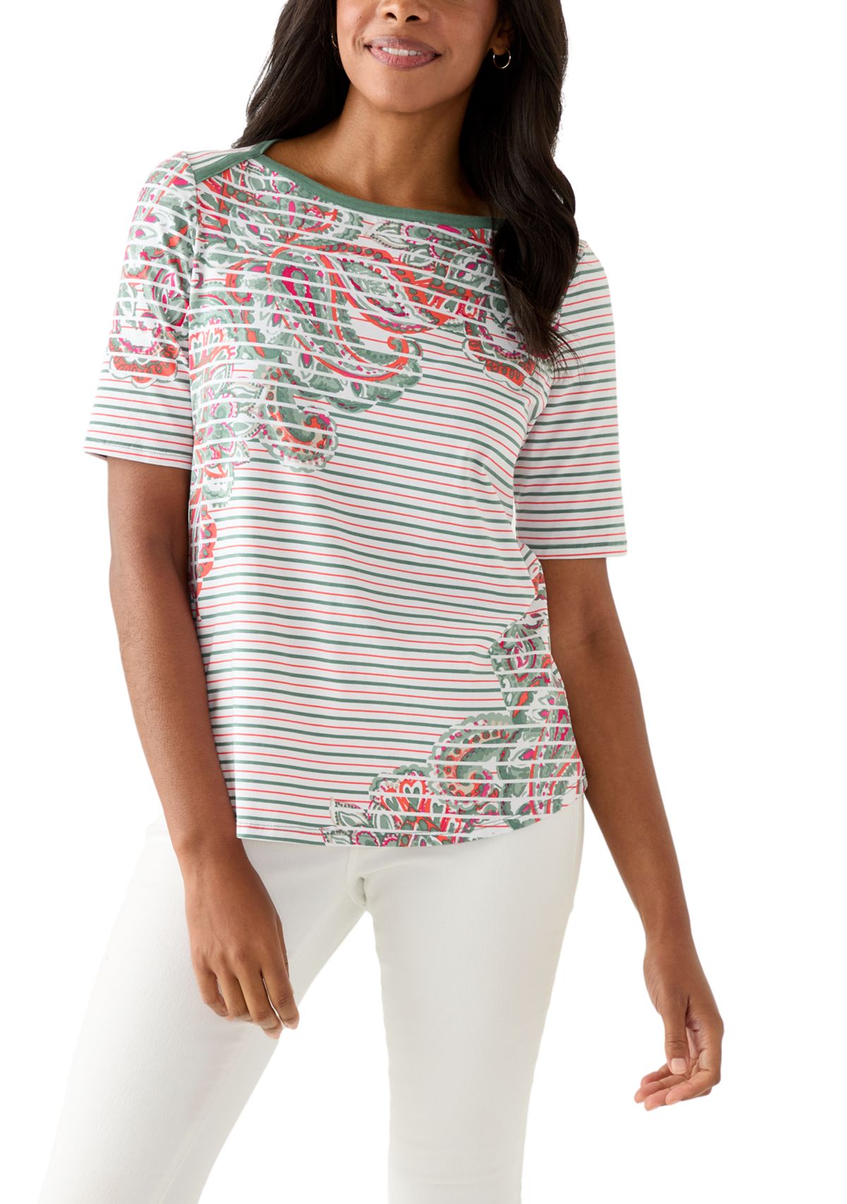  Paisley Stripe Elbow Sleeve Top 