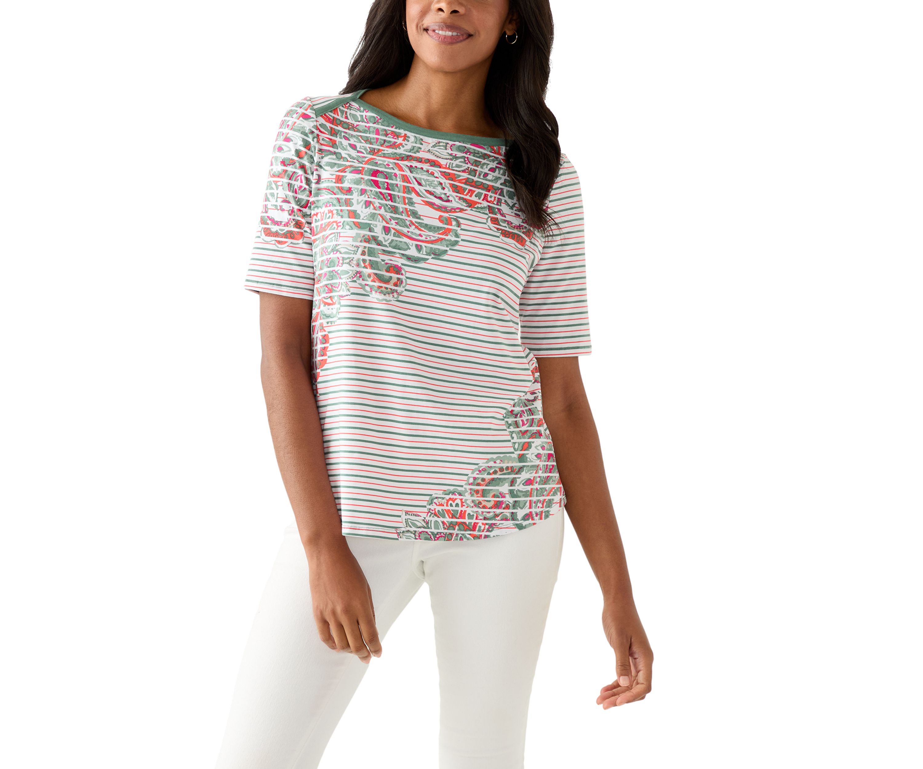  Paisley Stripe Elbow Sleeve Top 