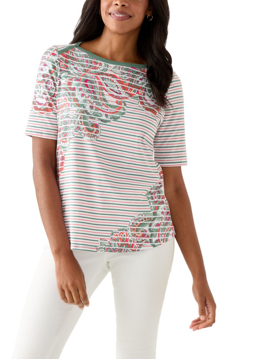  Paisley Stripe Elbow Sleeve Top 