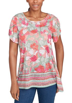 Ruby Rd Women's Floral Striped Border Flutter Sleeve T-Shirt, Medium