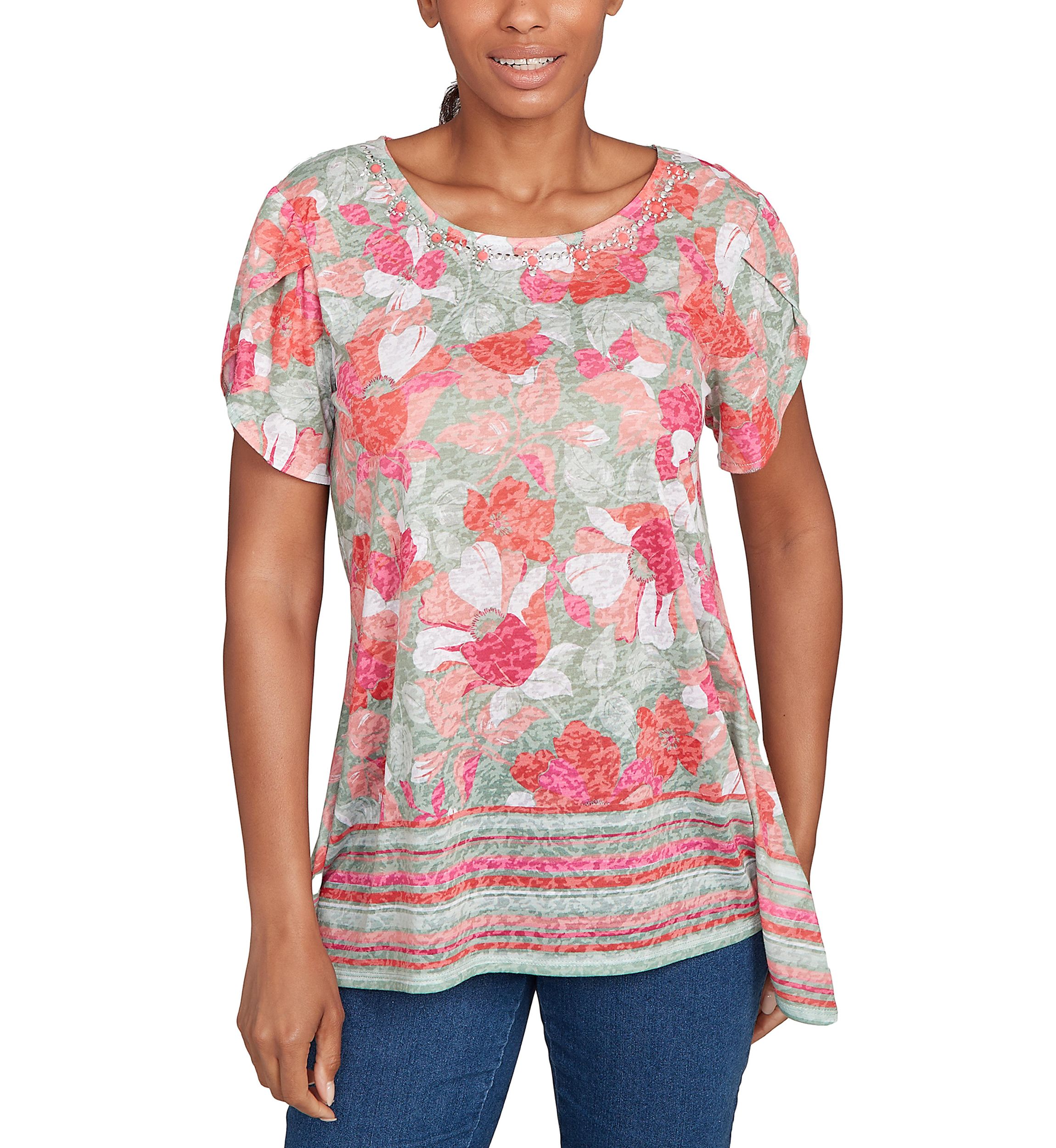 Floral Striped Border Flutter Sleeve T-Shirt