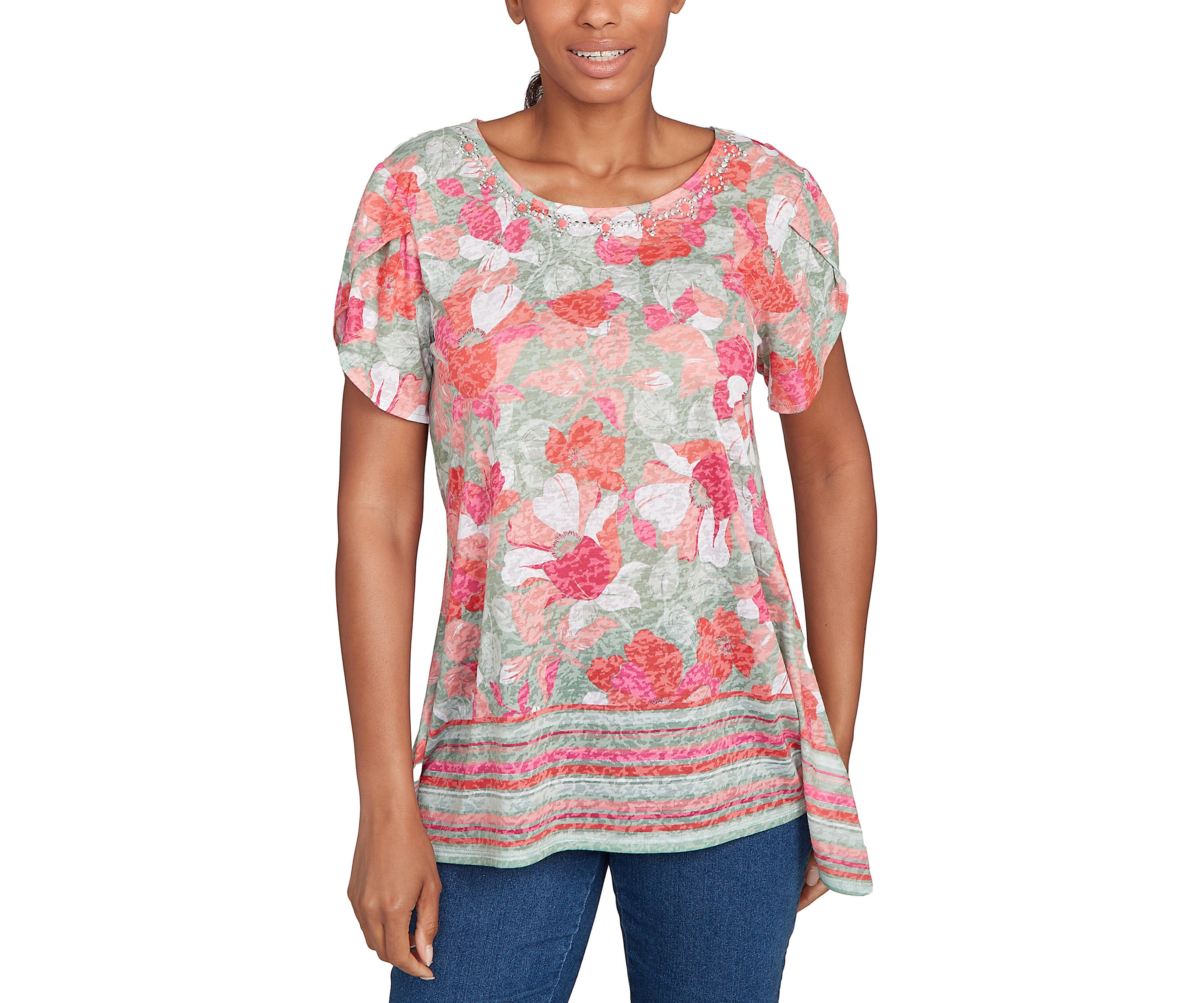 Floral Striped Border Flutter Sleeve T-Shirt