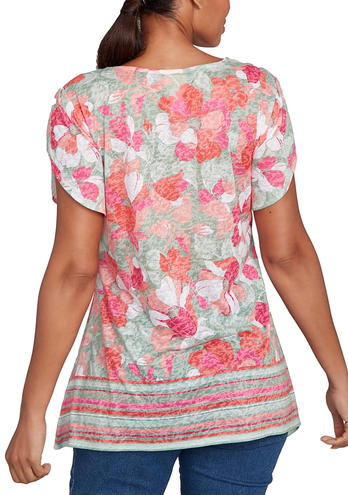 Floral Striped Border Flutter Sleeve T-Shirt
