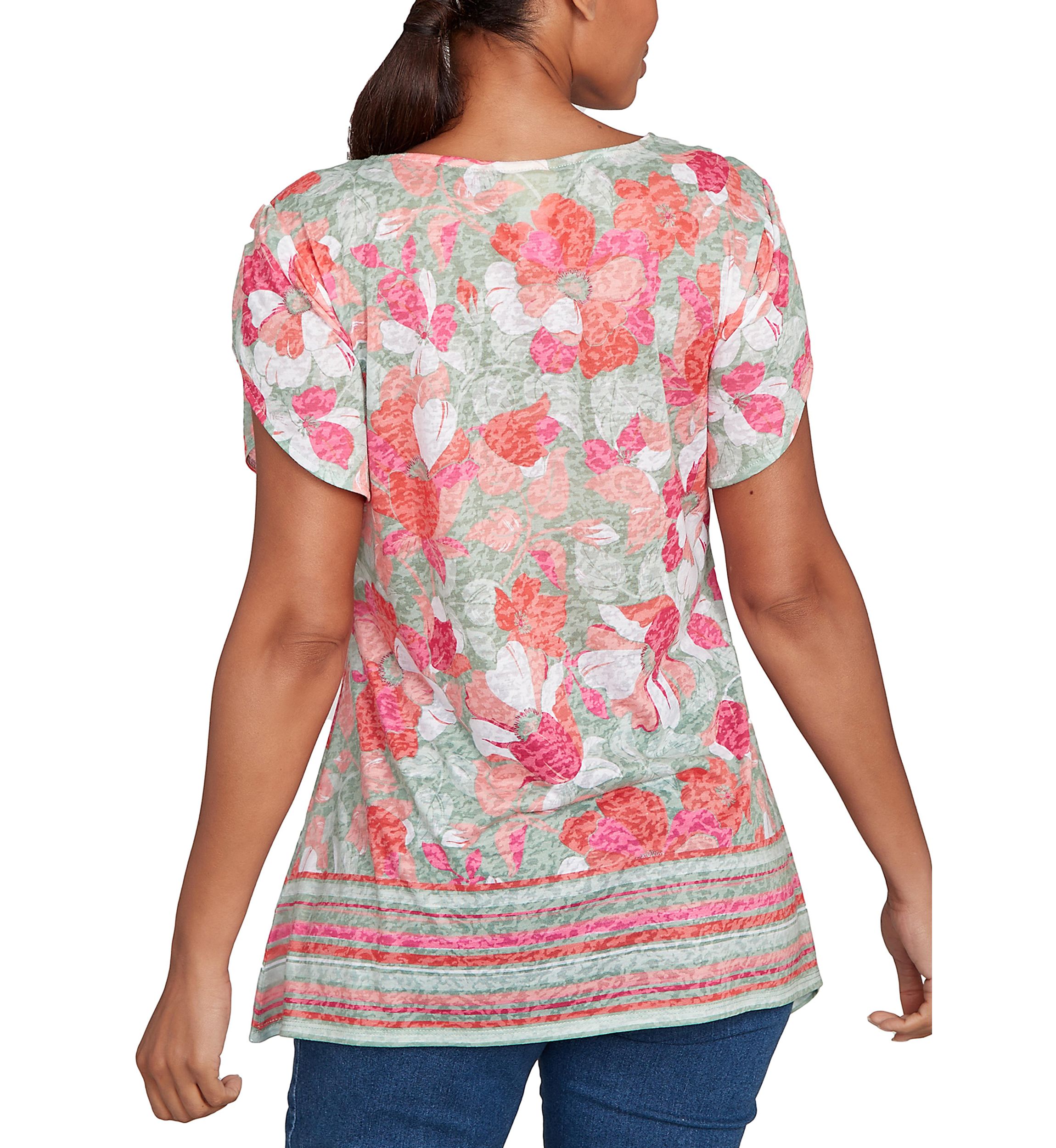 Floral Striped Border Flutter Sleeve T-Shirt