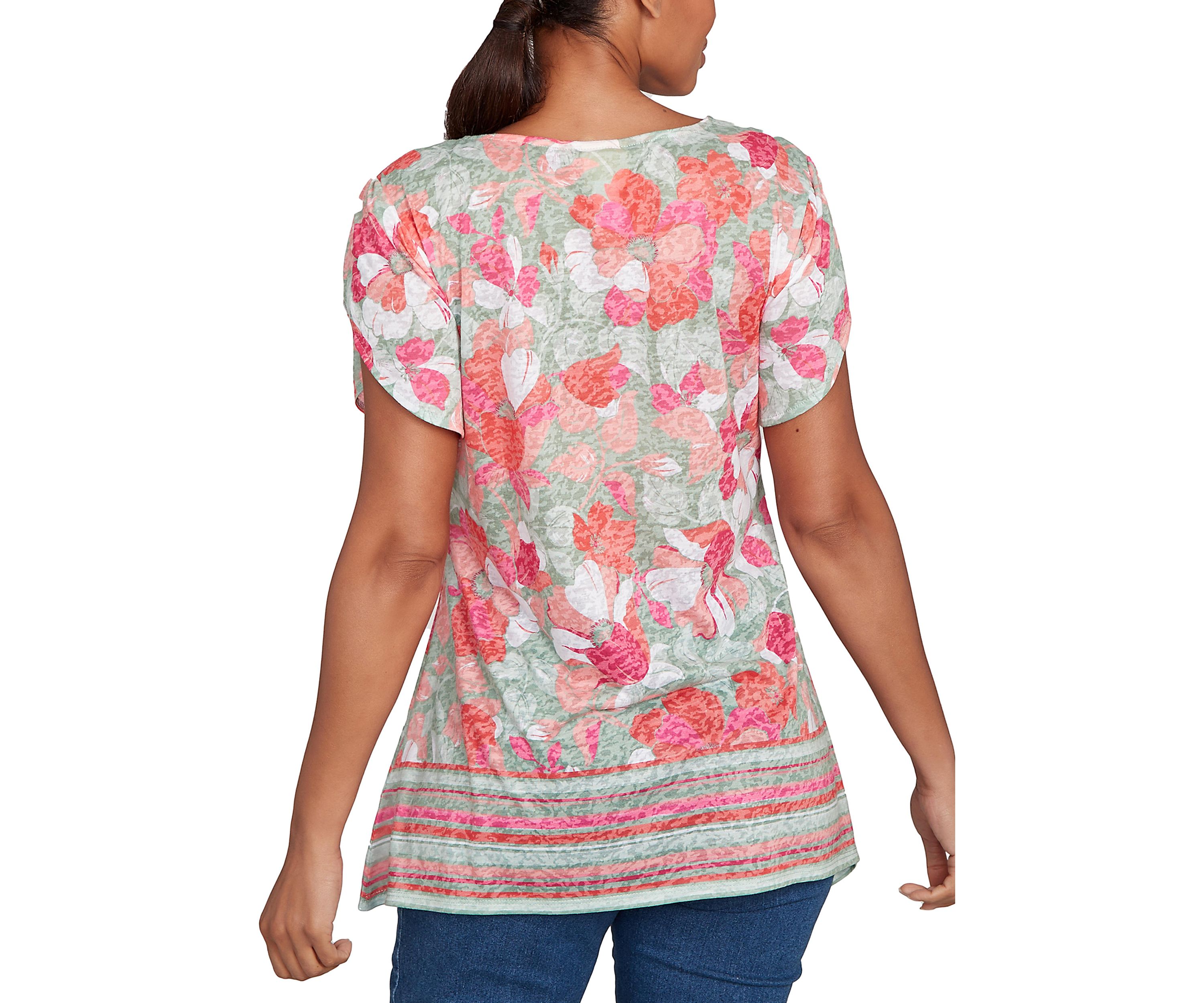 Floral Striped Border Flutter Sleeve T-Shirt
