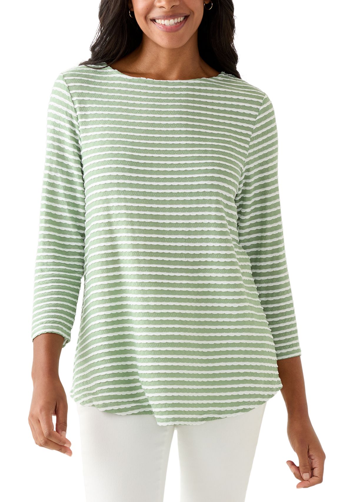 Womens Scalloped Texture Stripe Top
