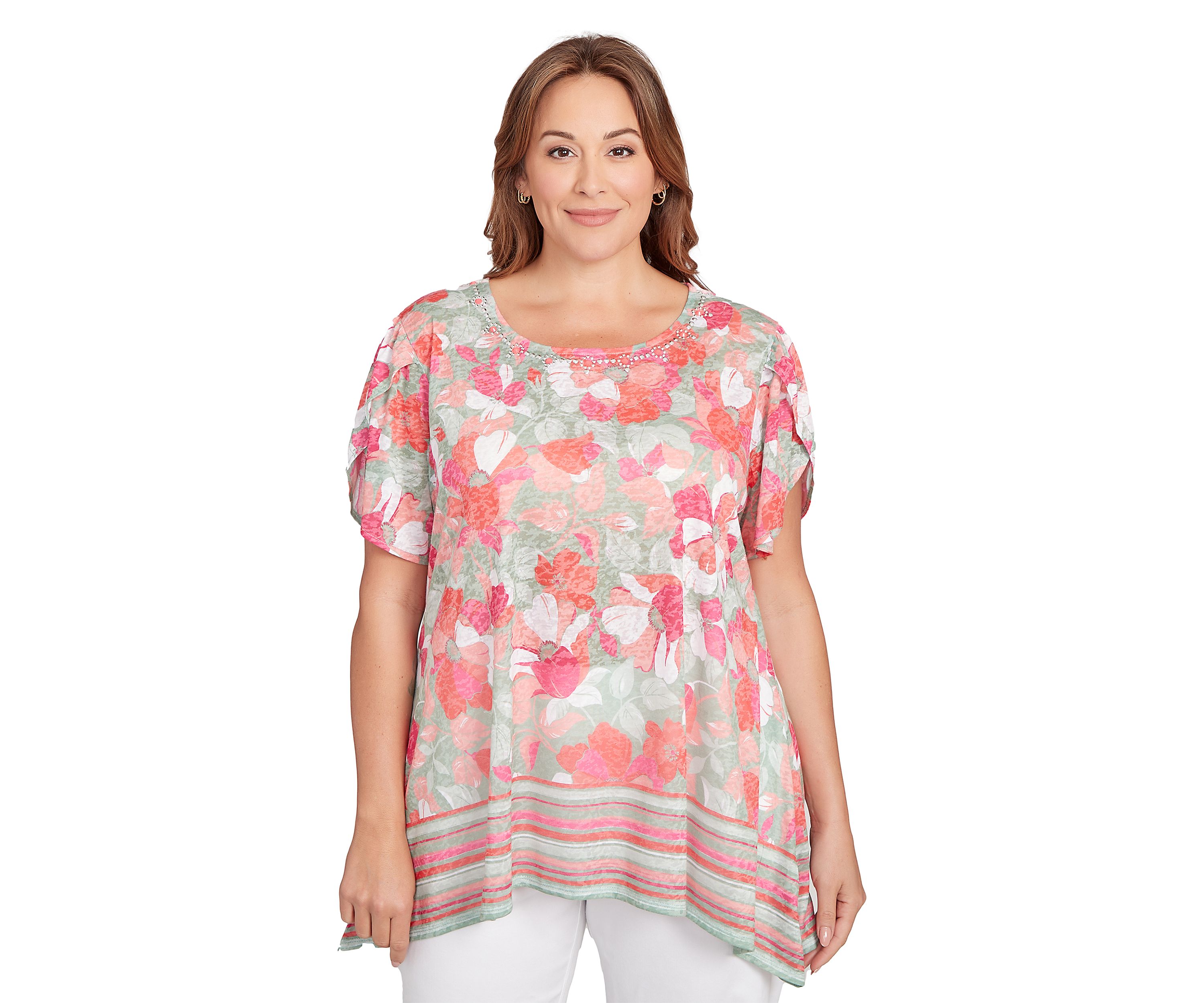 Plus Size Floral Striped Border Flutter Sleeve T-Shirt