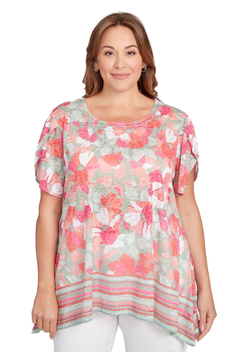 Plus Size Floral Striped Border Flutter Sleeve T-Shirt