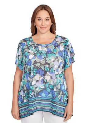 Ruby Rd Women's Plus Size Floral Striped Border Flutter Sleeve T-Shirt
