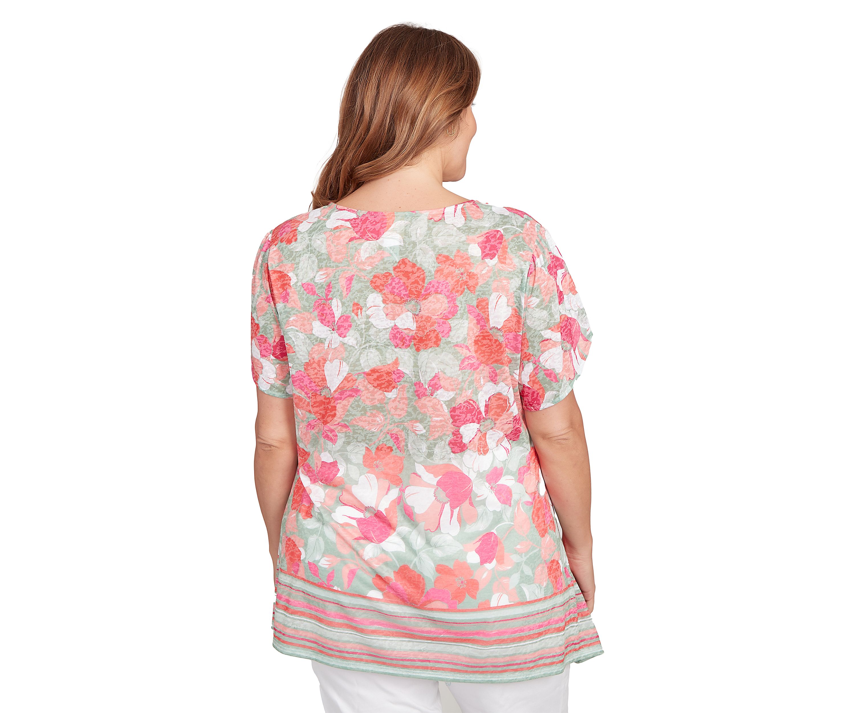 Plus Size Floral Striped Border Flutter Sleeve T-Shirt