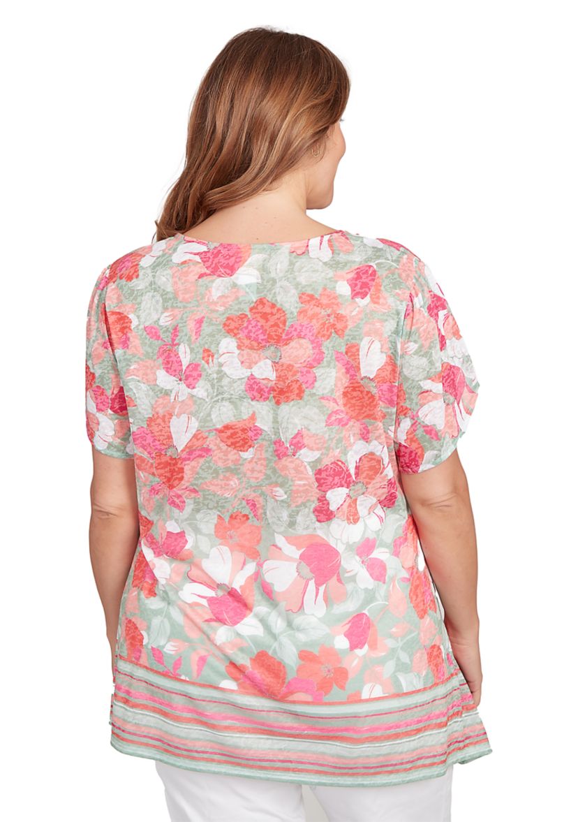Plus Size Floral Striped Border Flutter Sleeve T-Shirt