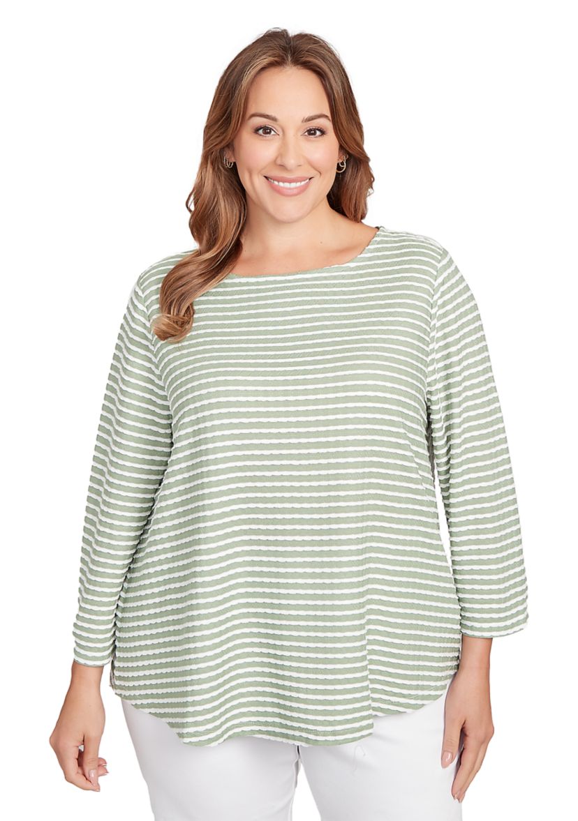 Plus Size Scalloped Texture Stripe Top
