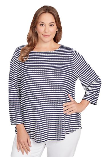 Plus Size Scalloped Texture Stripe Top