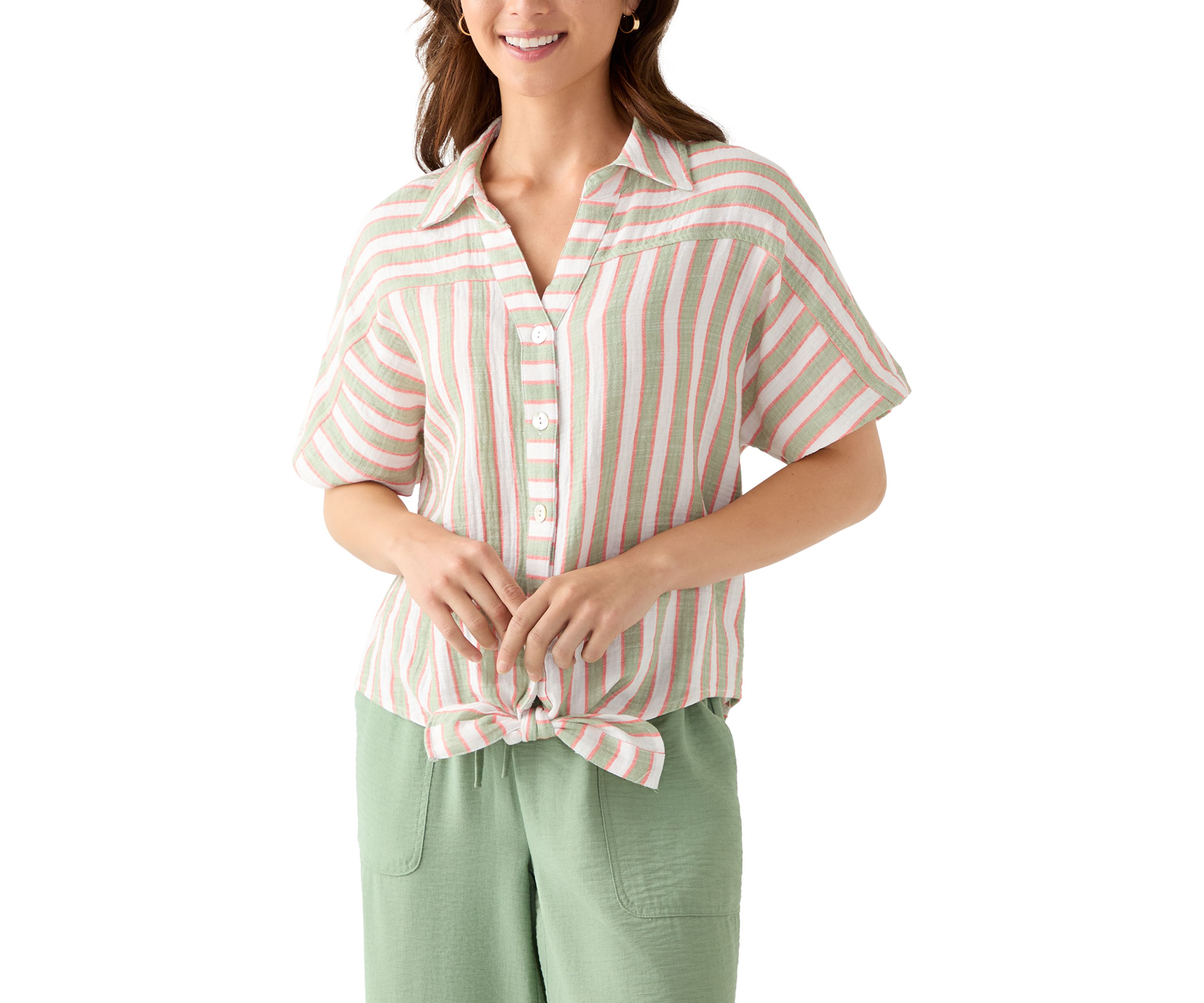 Petite Yarn-Dyed Short Sleeve Collared Shirt with Tie Front