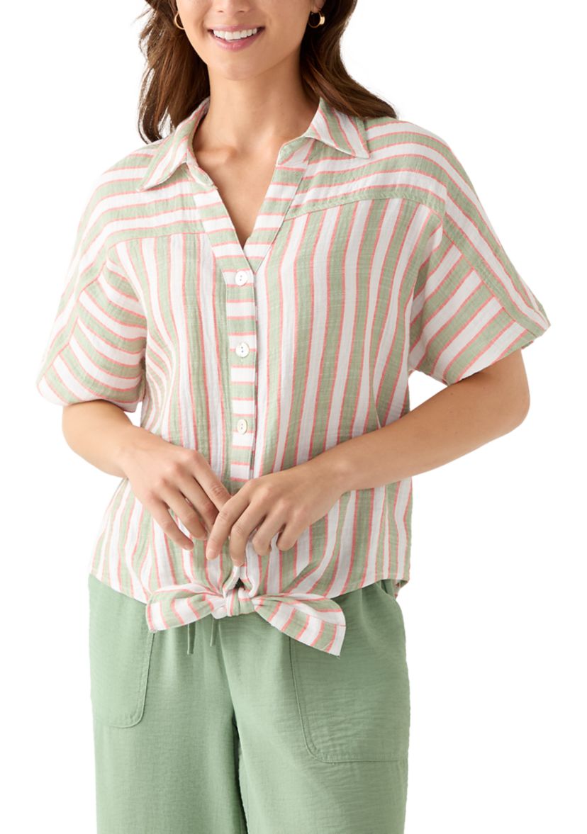 Petite Yarn-Dyed Short Sleeve Collared Shirt with Tie Front
