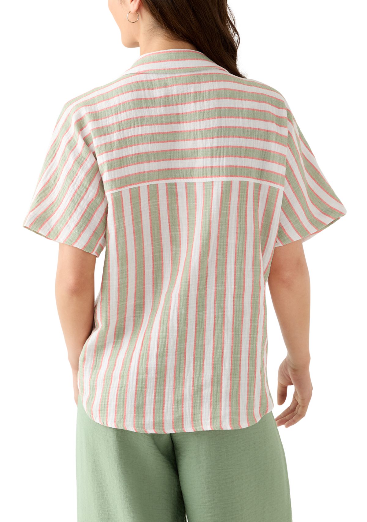 Petite Yarn-Dyed Short Sleeve Collared Shirt with Tie Front