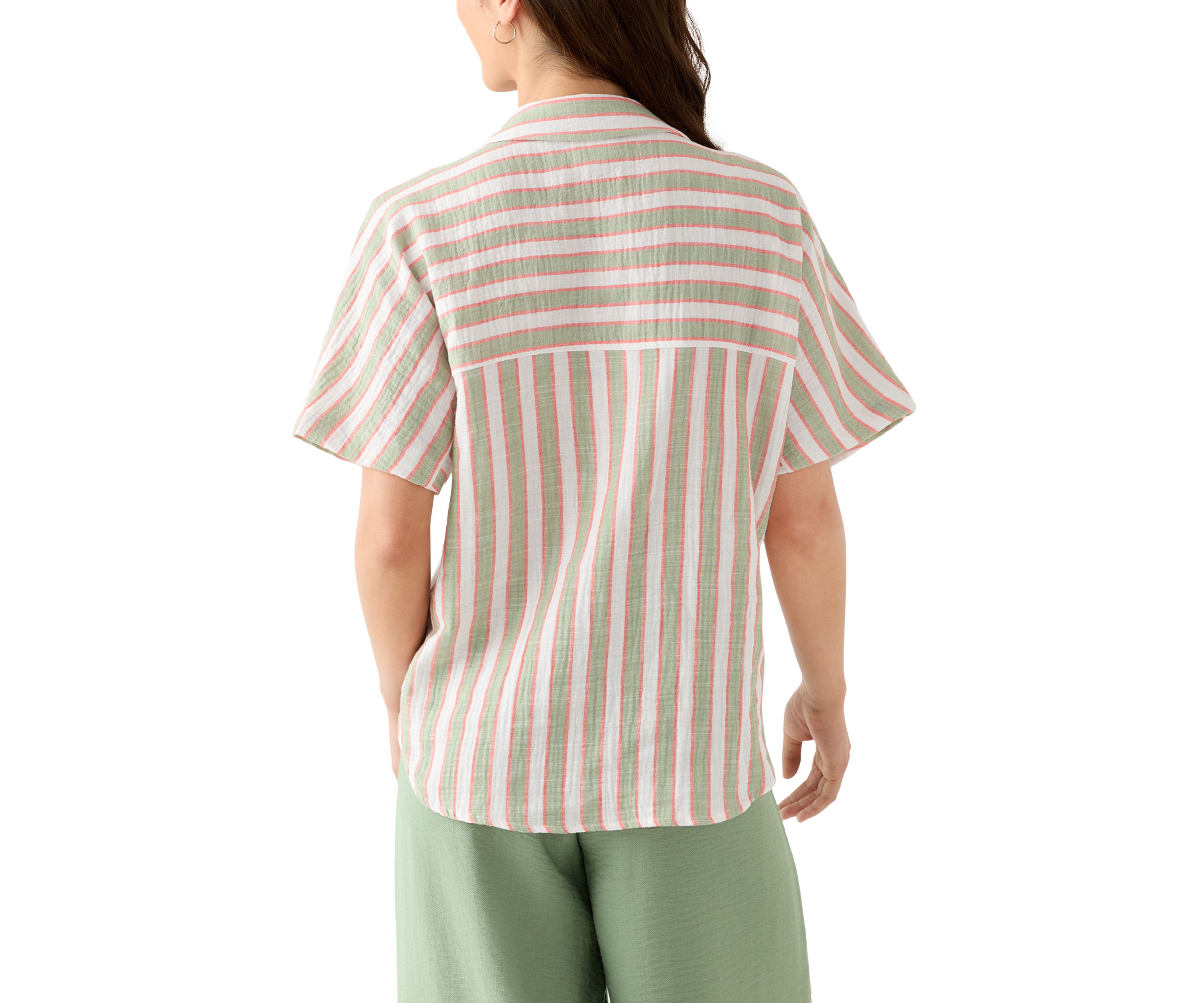 Petite Yarn-Dyed Short Sleeve Collared Shirt with Tie Front