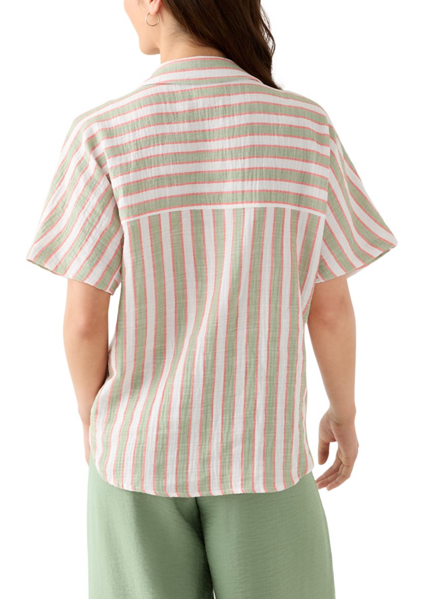 Petite Yarn-Dyed Short Sleeve Collared Shirt with Tie Front