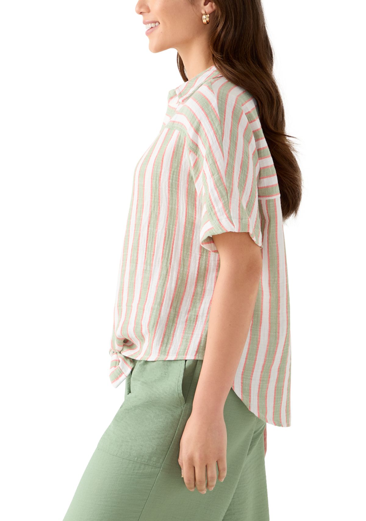 Petite Yarn-Dyed Short Sleeve Collared Shirt with Tie Front