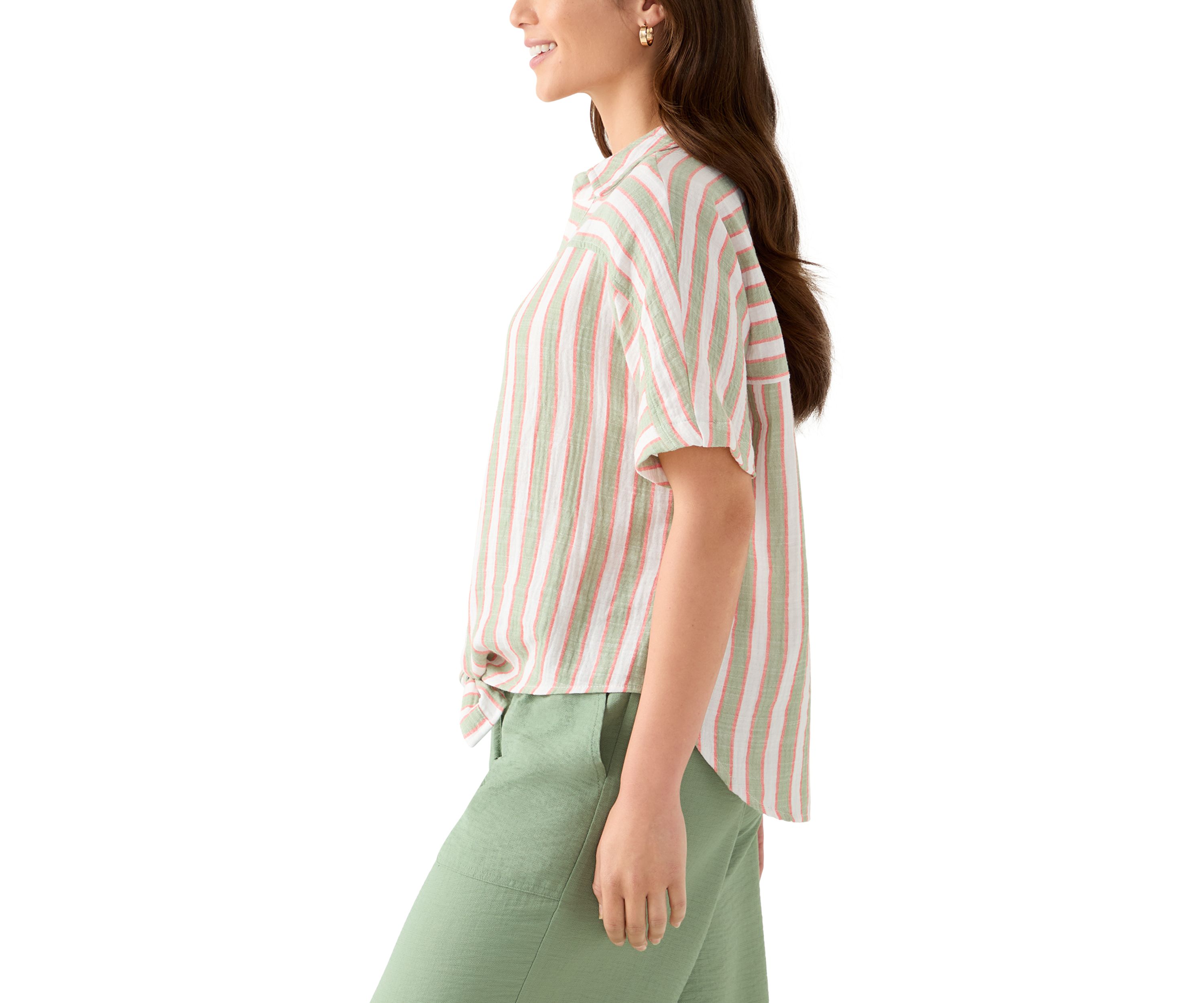 Petite Yarn-Dyed Short Sleeve Collared Shirt with Tie Front