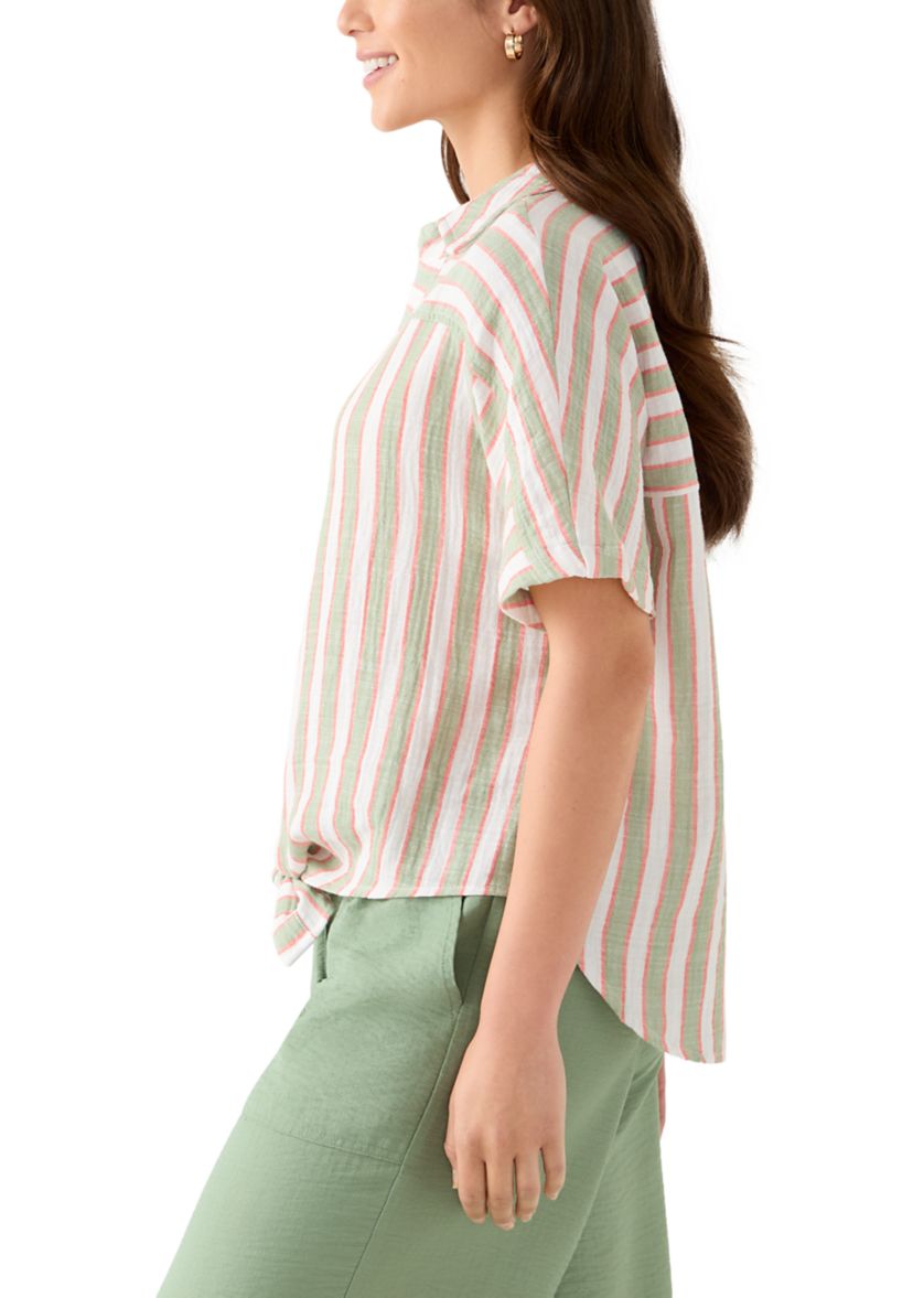 Petite Yarn-Dyed Short Sleeve Collared Shirt with Tie Front