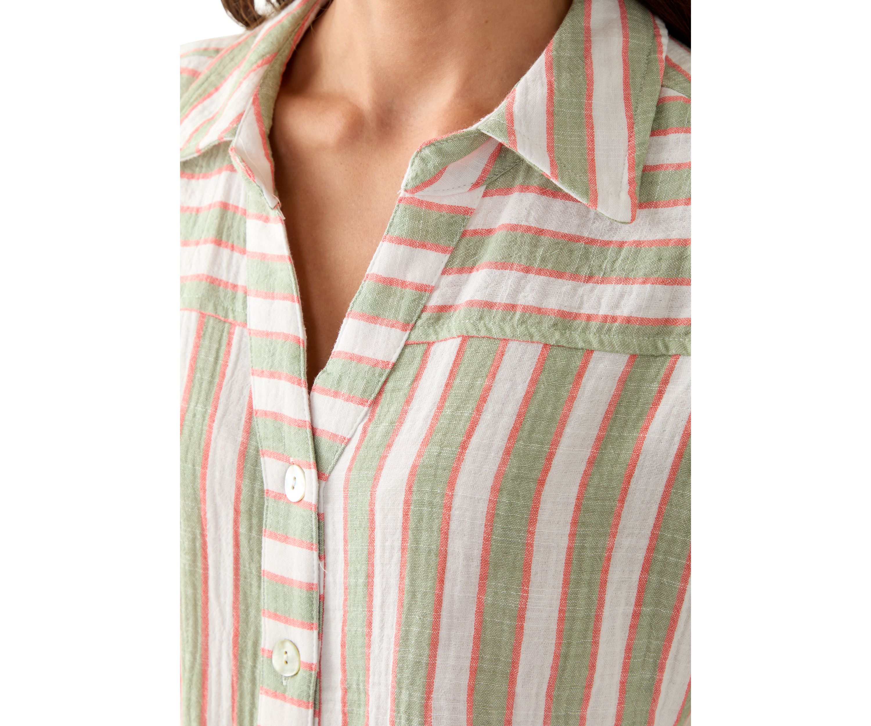 Petite Yarn-Dyed Short Sleeve Collared Shirt with Tie Front