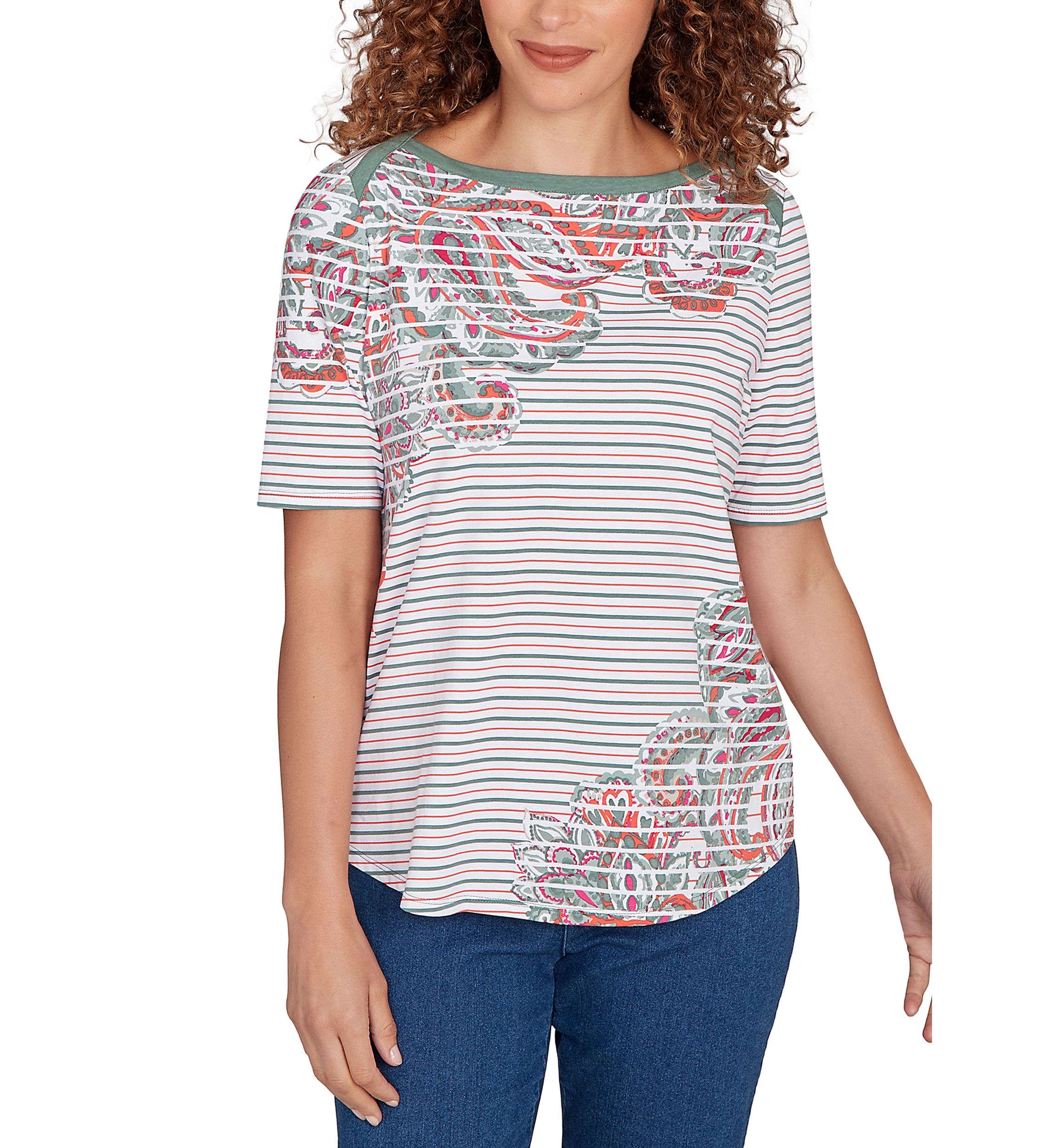 Petite Paisley Stripe Elbow Sleeve Top