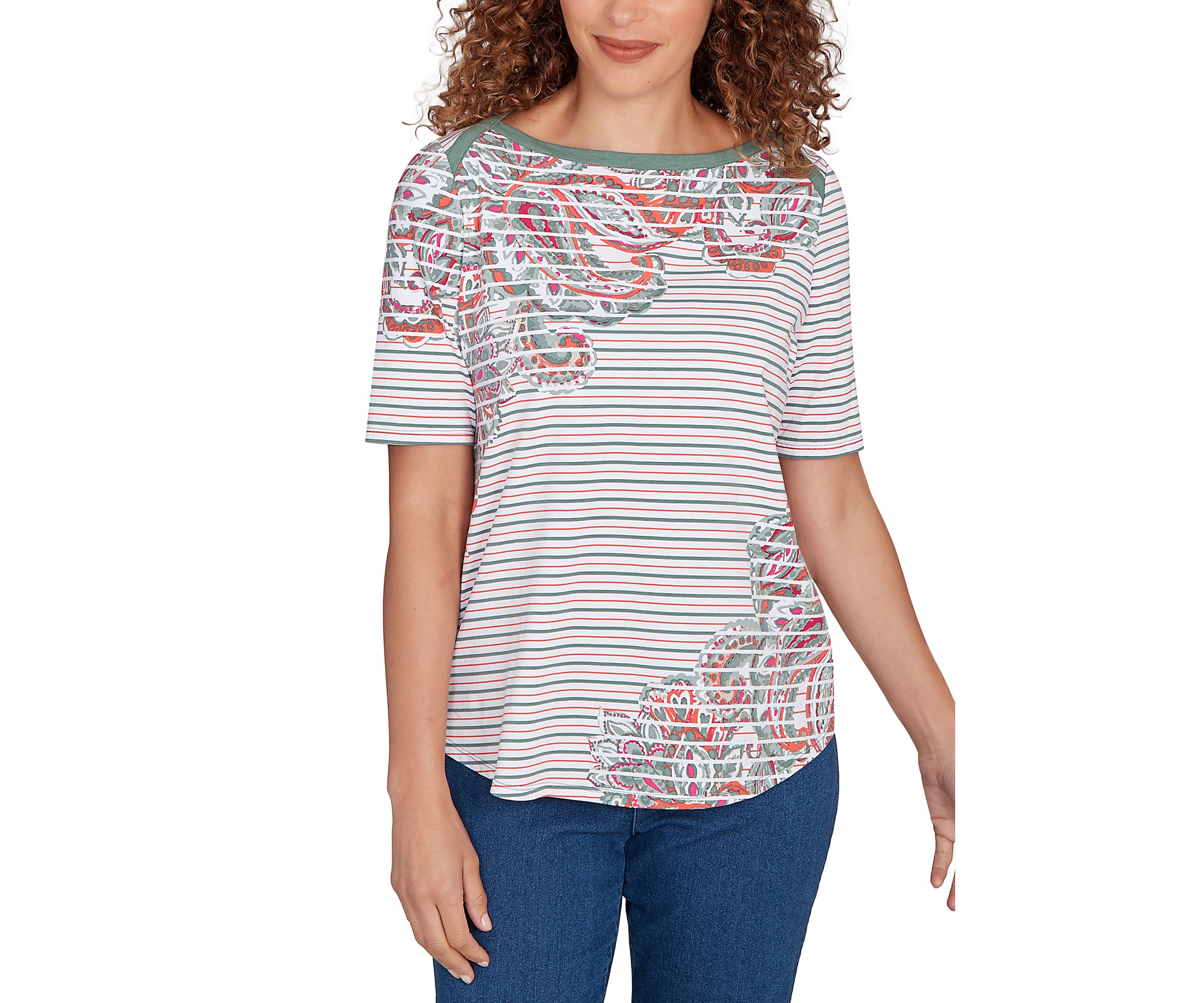 Petite Paisley Stripe Elbow Sleeve Top