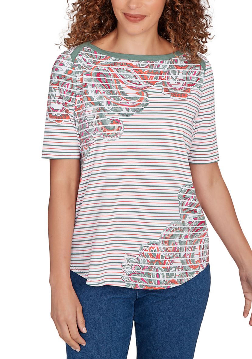 Petite Paisley Stripe Elbow Sleeve Top