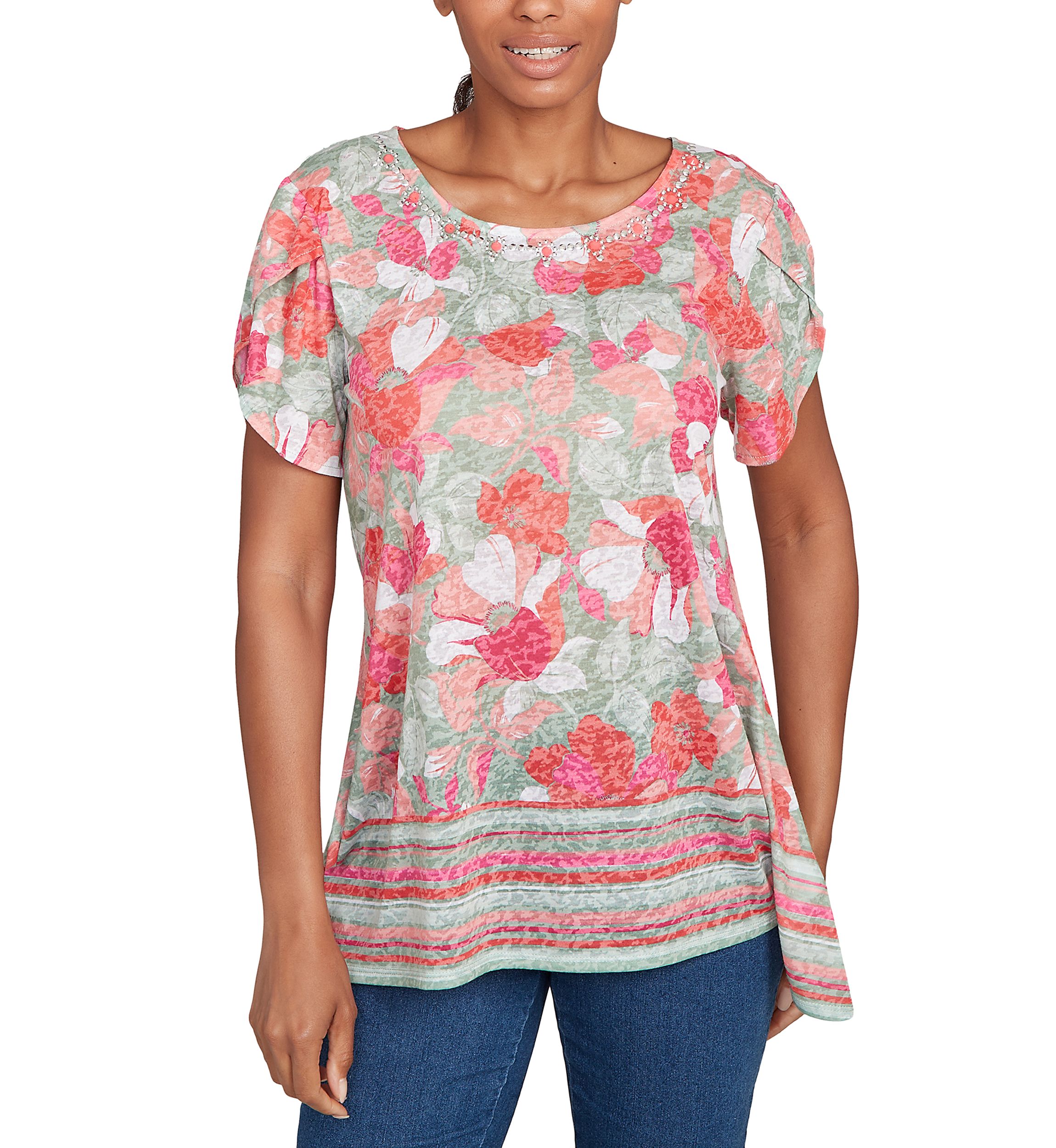 Petite Floral Striped Border Flutter Sleeve Top