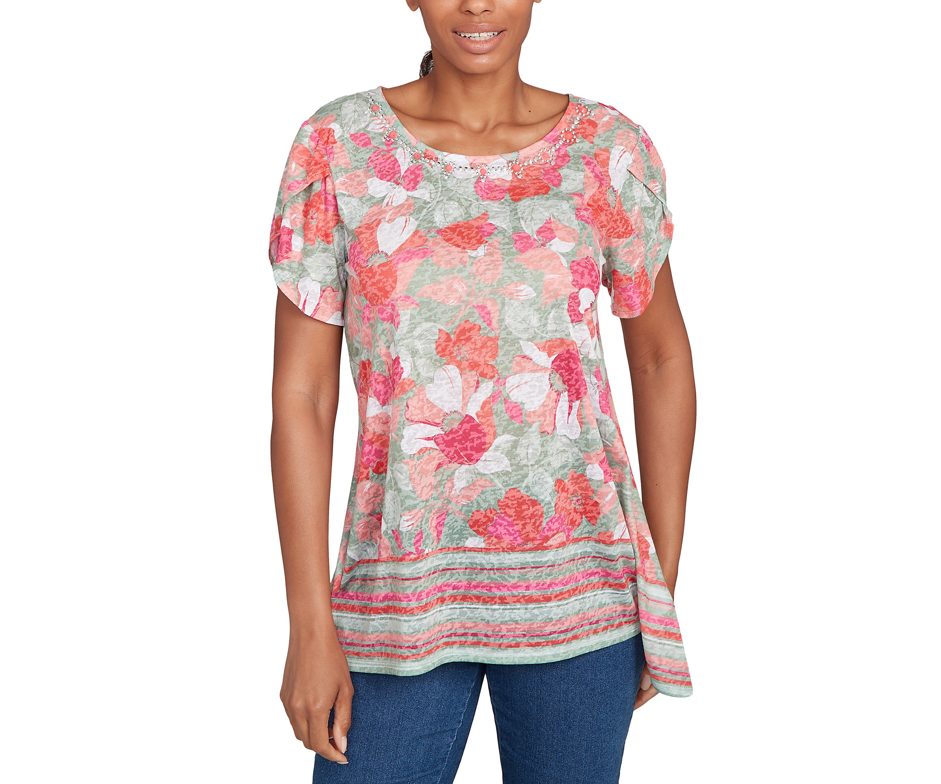 Petite Floral Striped Border Flutter Sleeve Top
