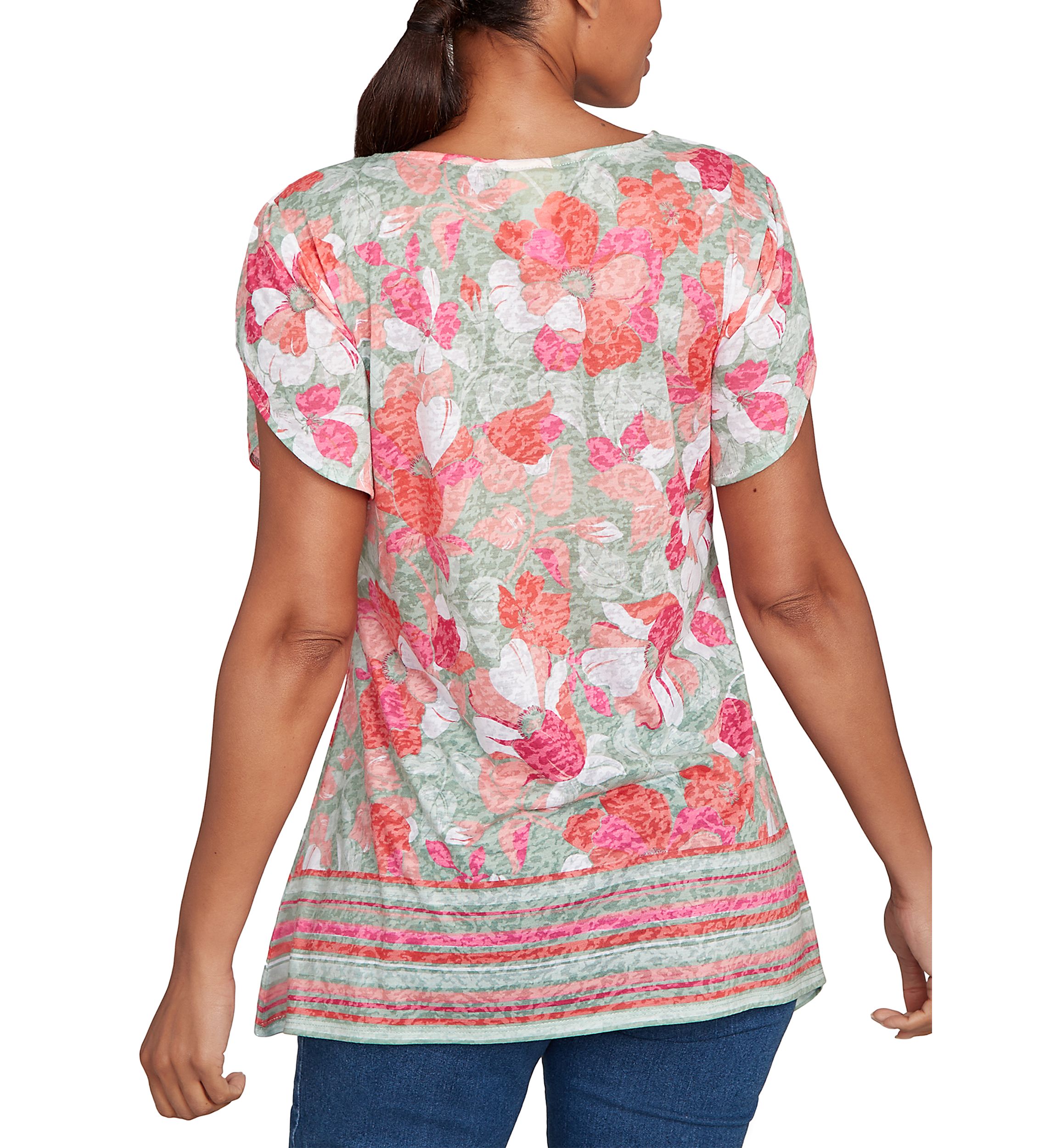 Petite Floral Striped Border Flutter Sleeve Top