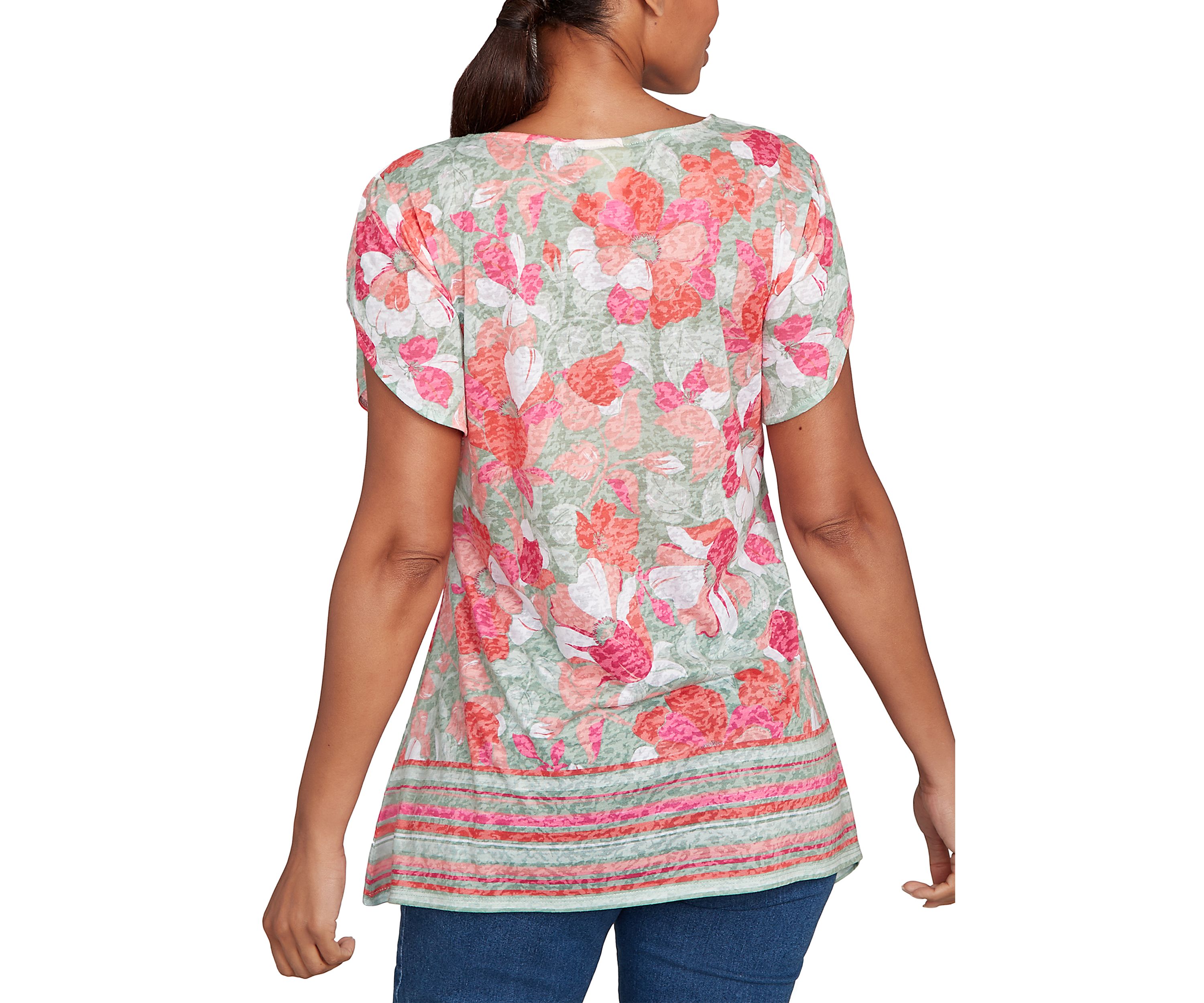 Petite Floral Striped Border Flutter Sleeve Top