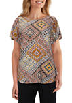 Womens Exotic Escape Ruffled Abstract Diamond Printed Top