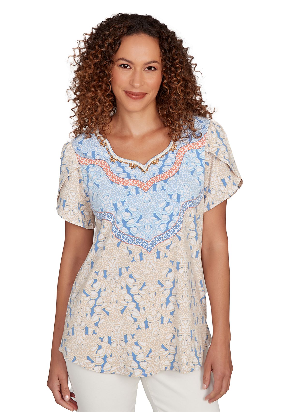 Womens Embellished Scallop Printed T-Shirt