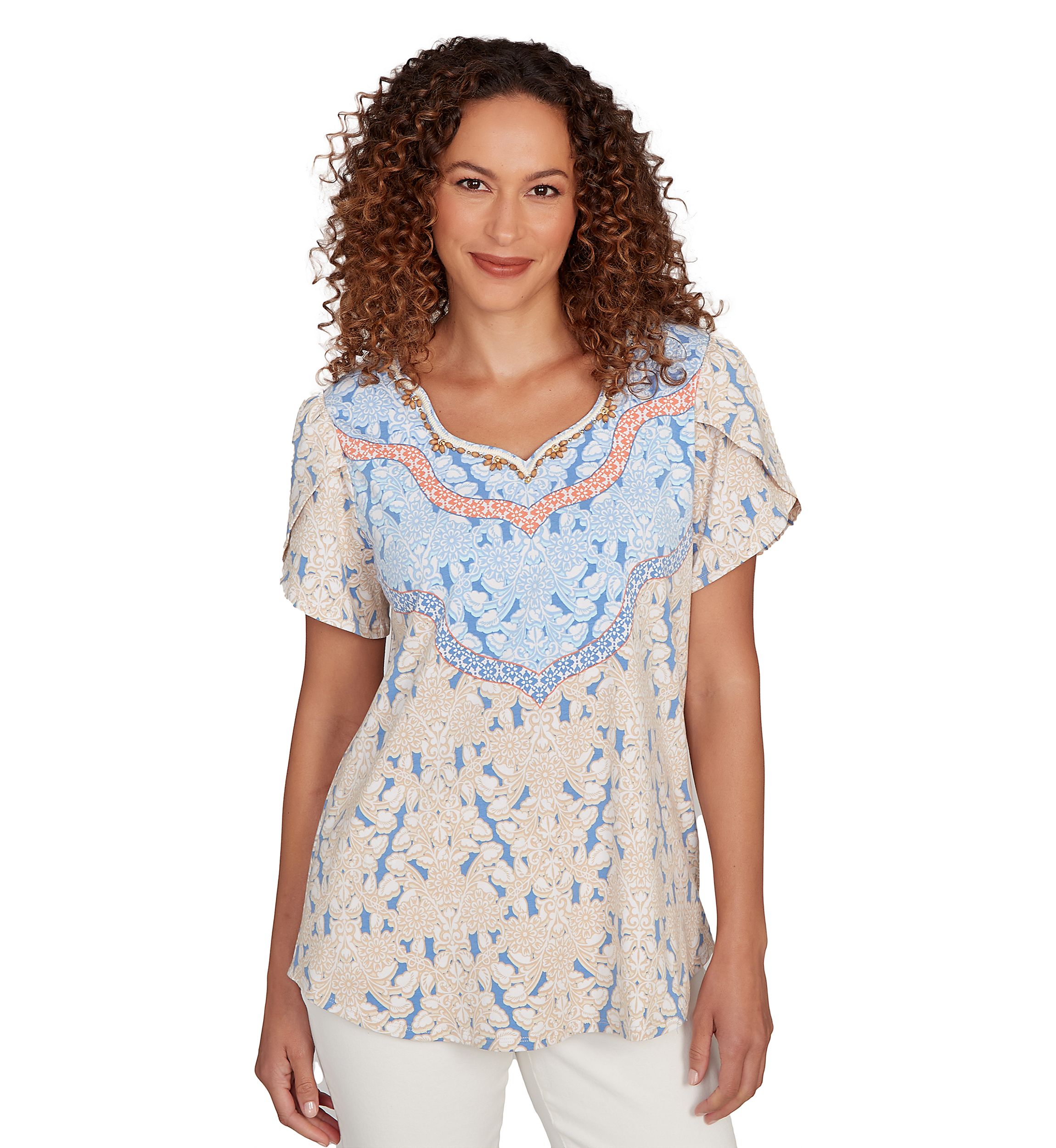 Womens Embellished Scallop Printed T-Shirt